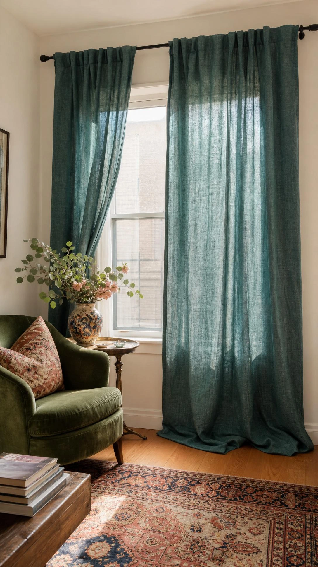 Dusty teal floor length curtains hung high near the ceiling and pooling softly in a small apartment living room corner for an expensive look.