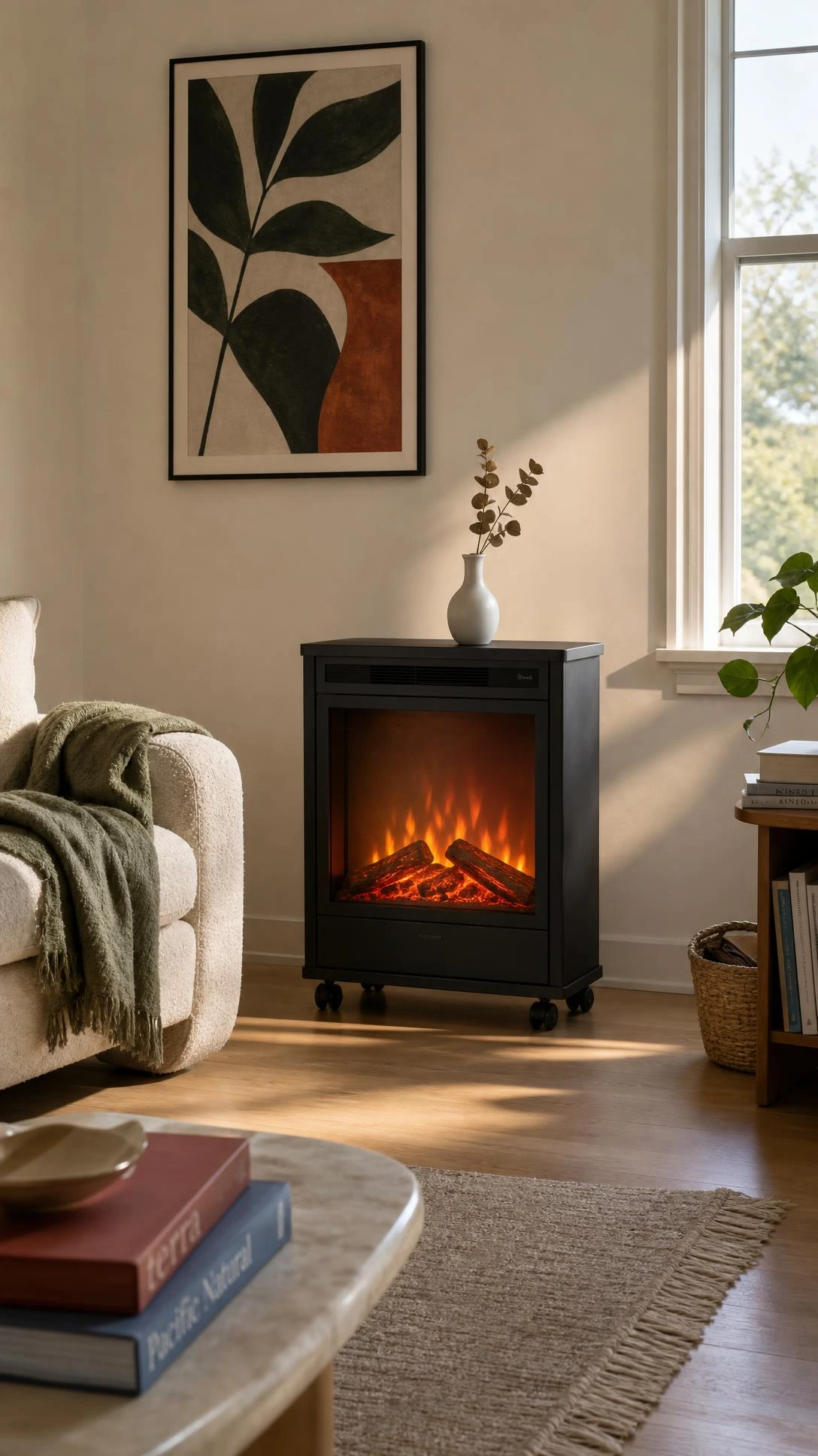 Sleek matte black freestanding electric fireplace on caster wheels positioned off-center in a compact living room, proving a movable fireplace can anchor a small space