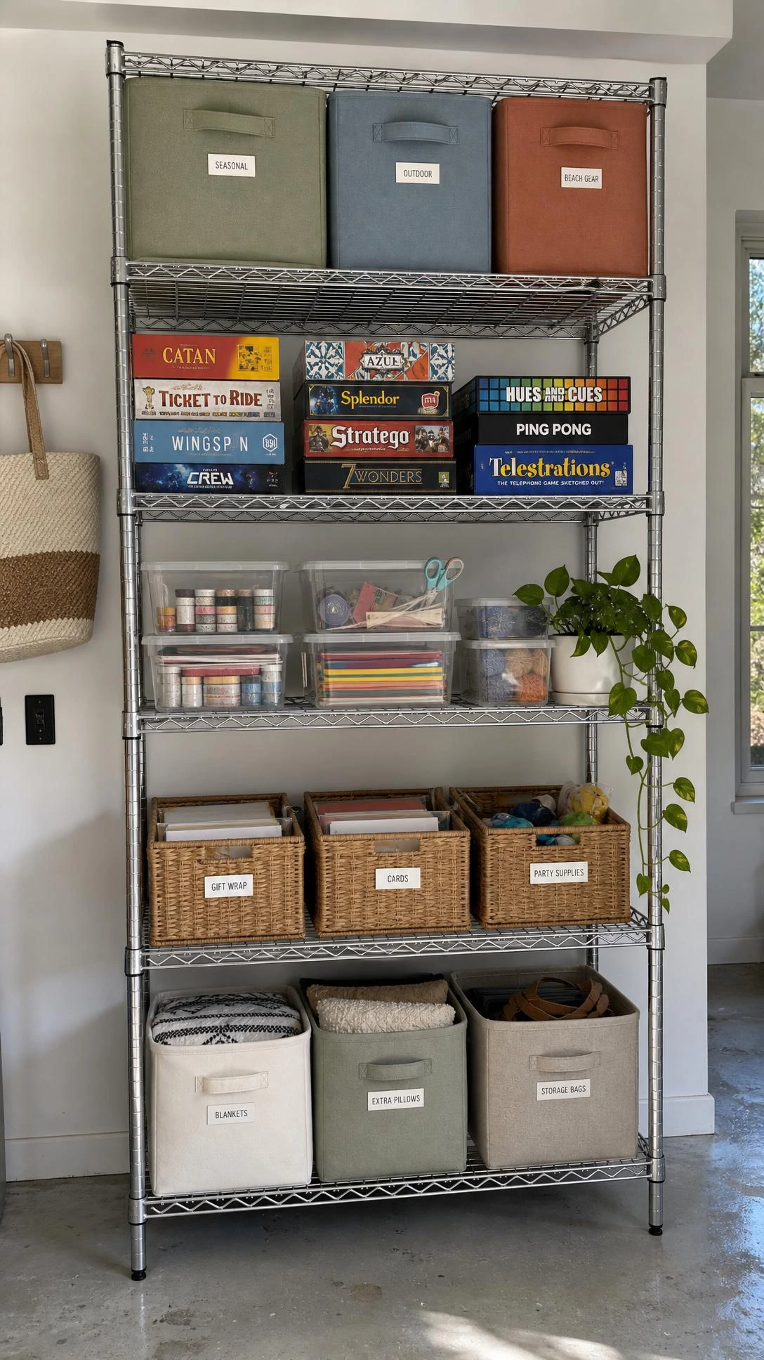 Tall freestanding wire shelving unit against a white garage wall holding labeled fabric bins in sage green, dusty blue, and terracotta — a simple garage organization win for beginners.