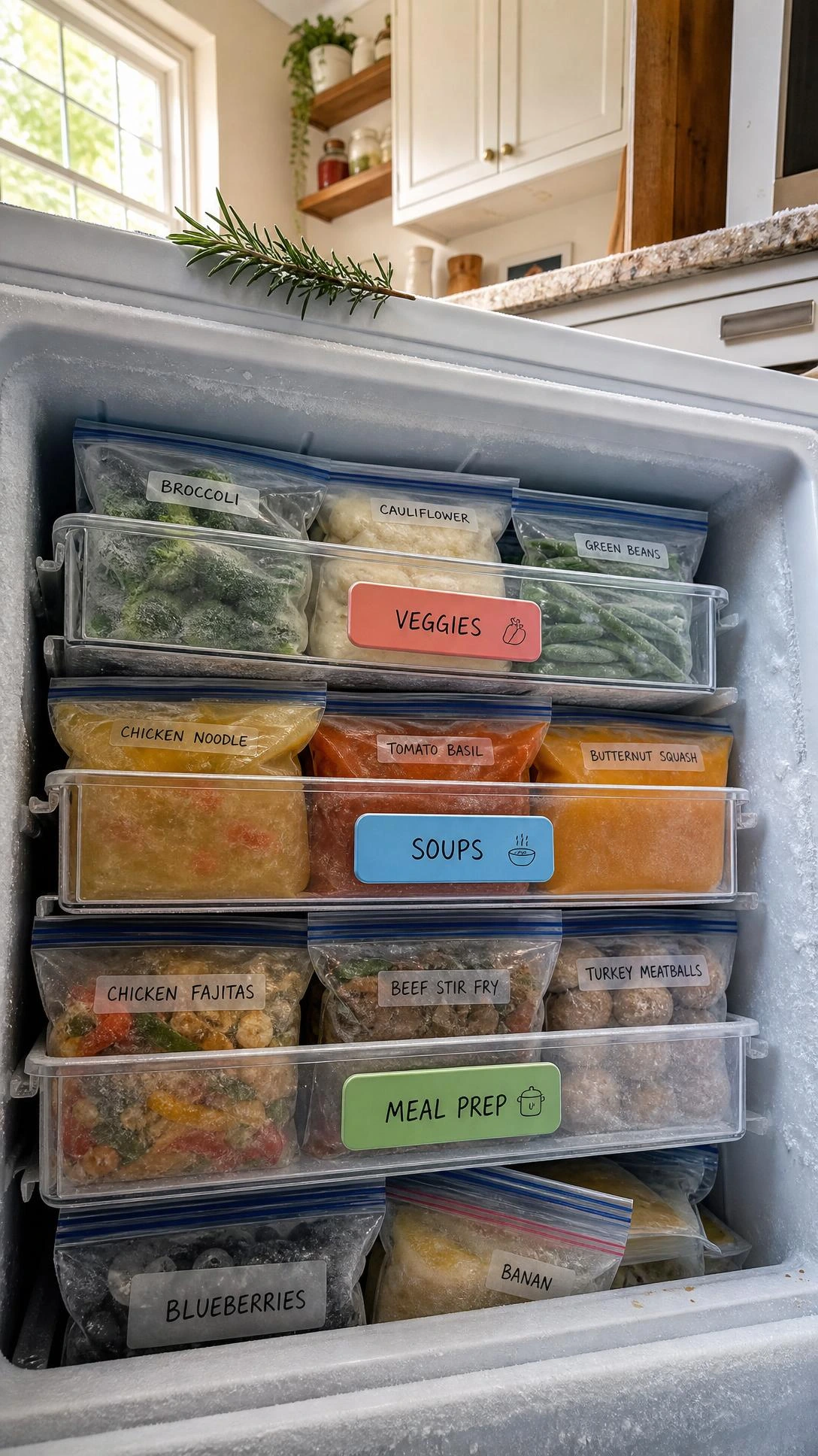 Inside a deep chest freezer organized with color-coded clear bins in coral, blue, and sage green, showing a vertical stack of neatly packed frozen meals and labeled categories
