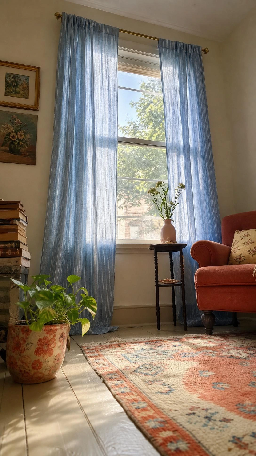 Low-angle view of a small cozy room with fresh curtains in sky-blue striped cotton-linen on a brass tension rod.