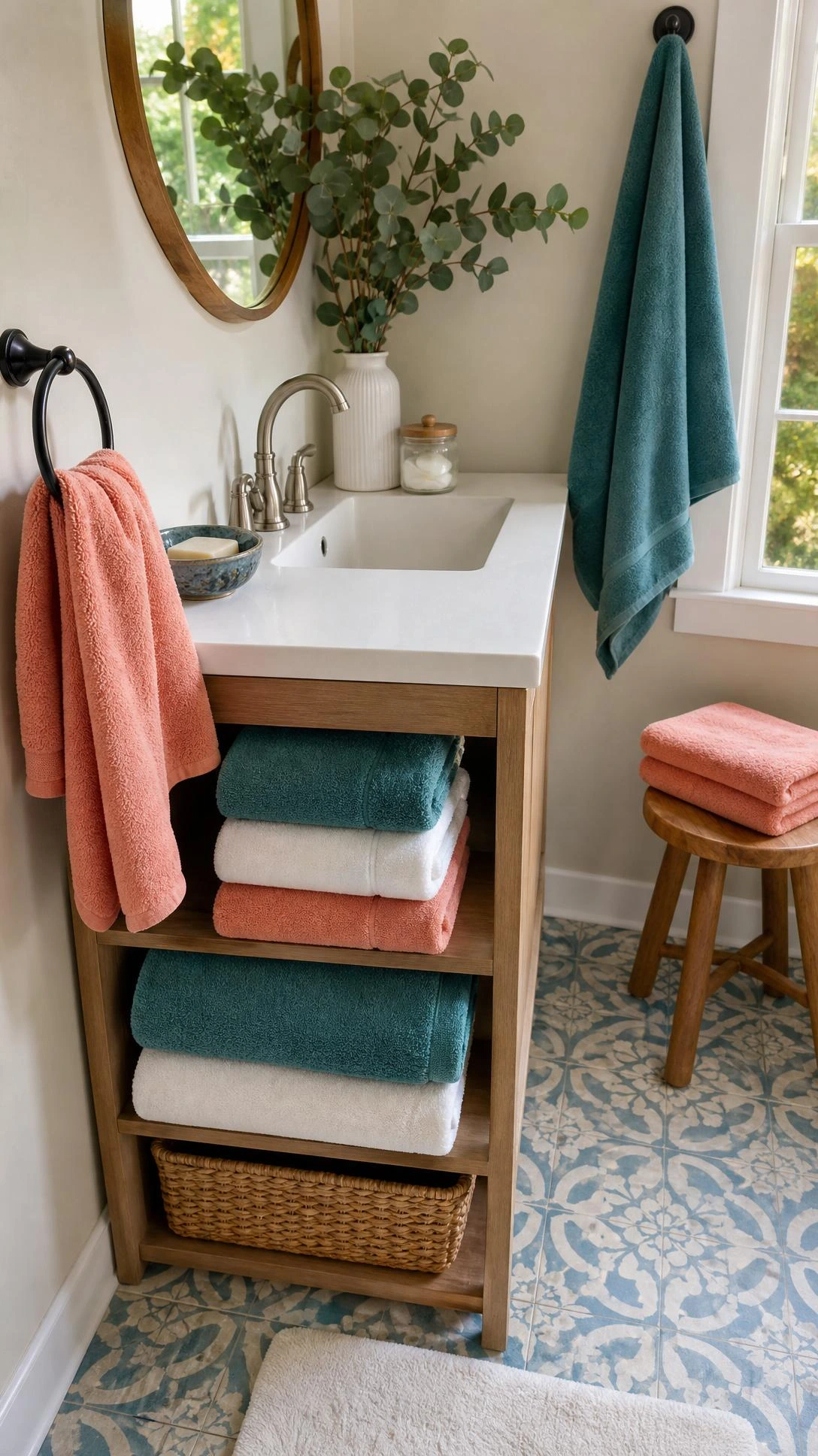 Fresh towels in bathrooms add teal, coral, and white color to a small vanity shelf for an affordable refresh.