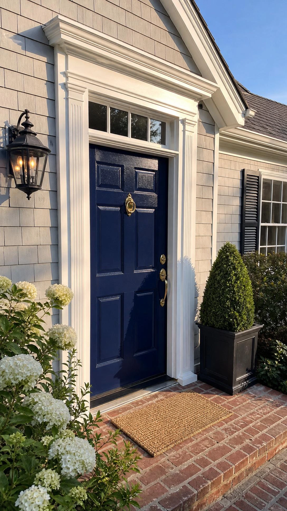 Bold navy blue front door contrasting against white trim and pale gray siding — a curb appeal color choice that reads clearly from the street