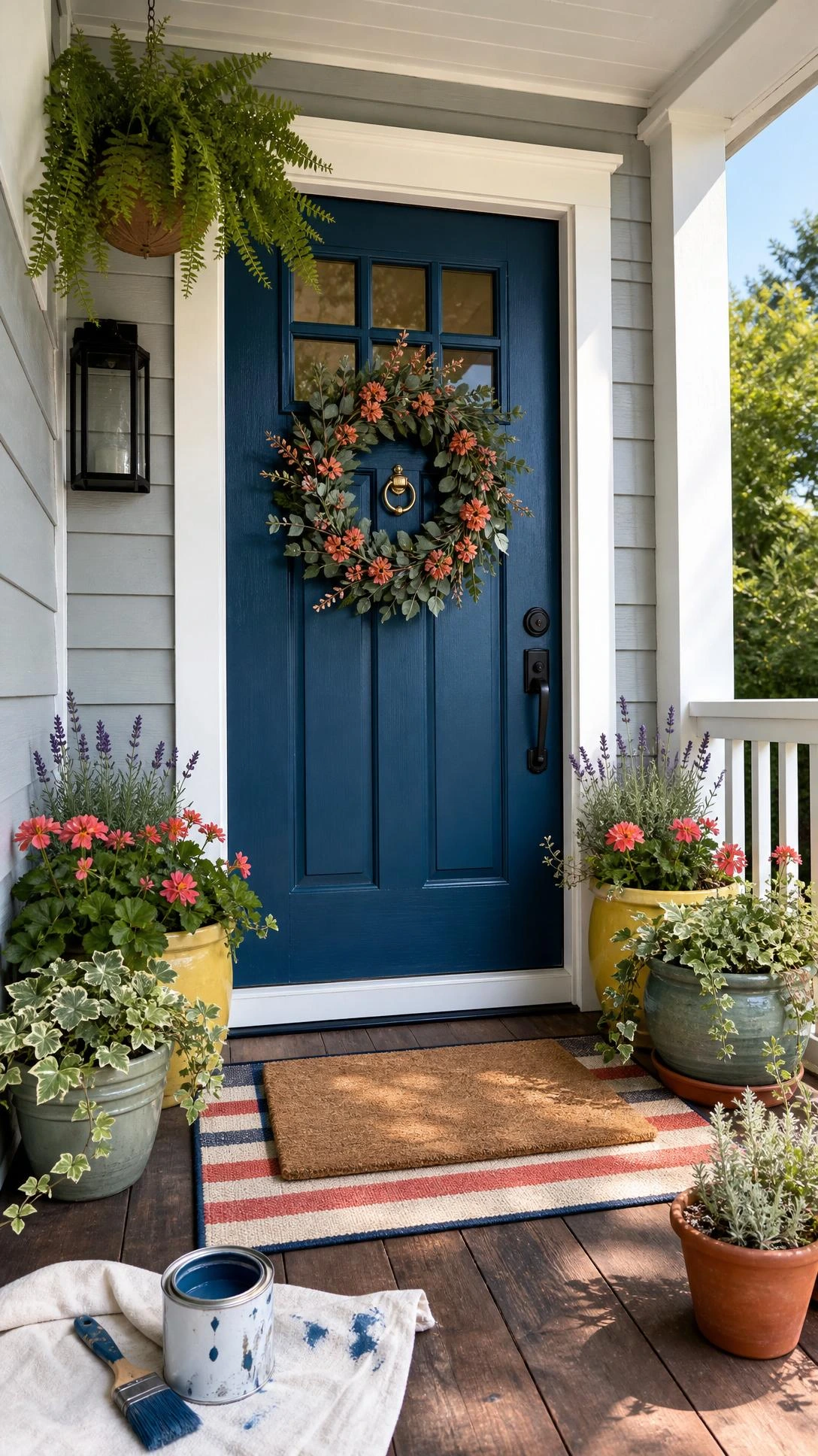 Deep teal front door with white trim, black handle, brass knocker, and DIY wreath shows home ideas on a budget.