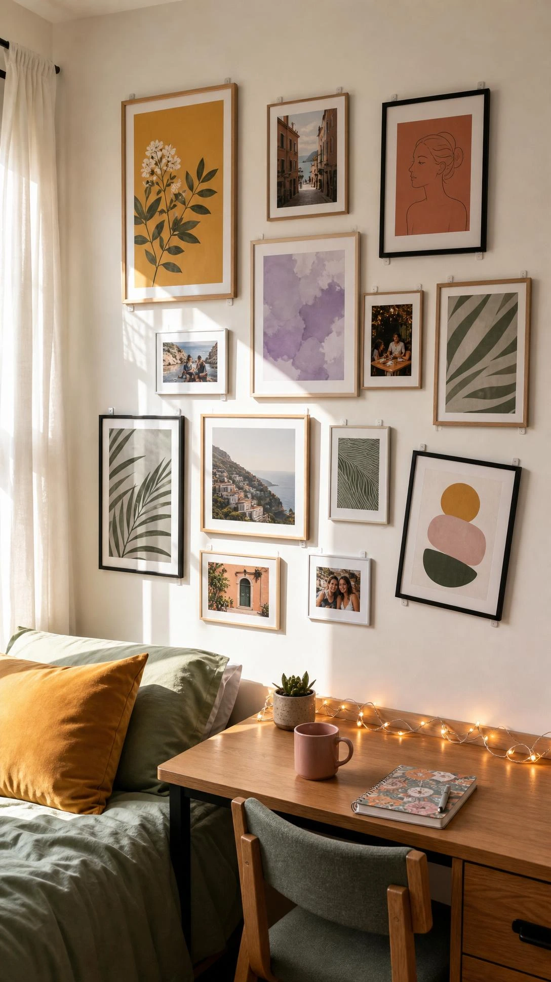 College dorm gallery wall with 12 mixed-size frames of colorful art prints held by Command Strips on a clean white wall, showing a renter-friendly decorating solution