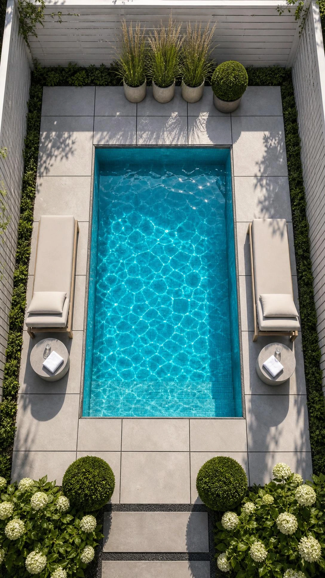 Overhead view of a small backyard centered on a geometric pool with crisp edges and vivid aqua-blue water surrounded by a clean patio layout