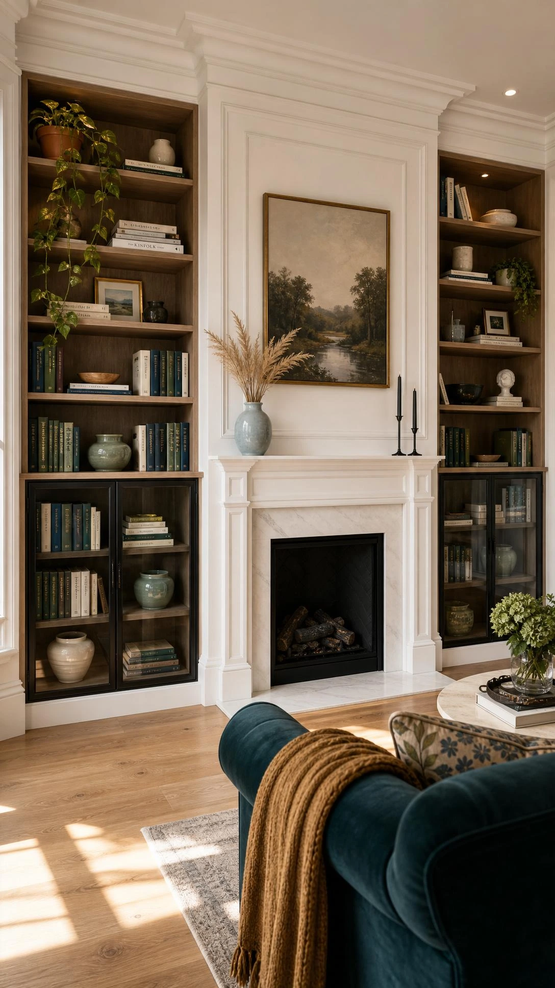 Glass-front built-in bookcases with slim black metal frames flanking a white marble fireplace, floor-to-ceiling portrait view in warm afternoon light