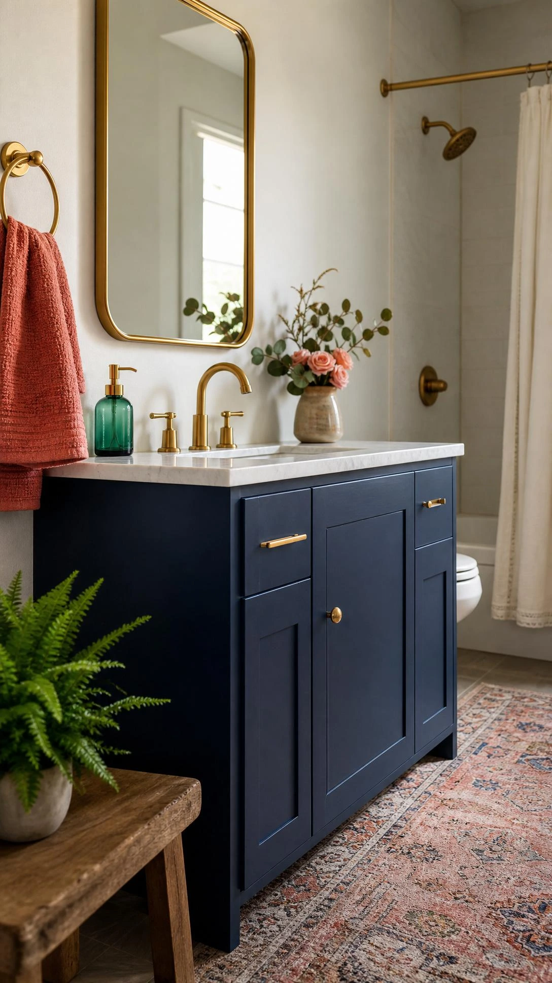 Small navy vanity bathroom refreshed with gold bathroom hardware, coral towel, framed mirror, and matching shower fixture