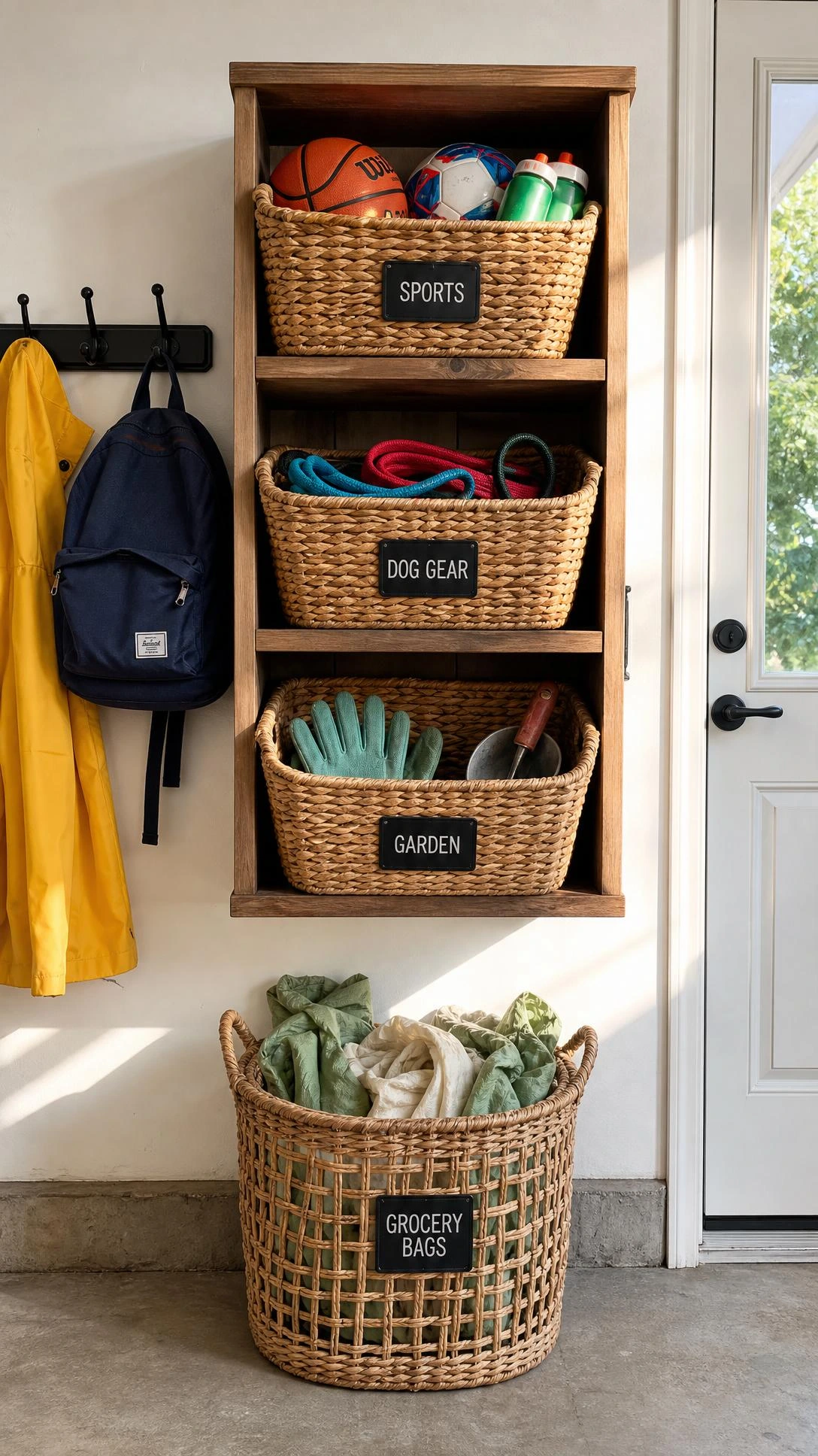 Wooden wall-mounted cubby unit with three labeled woven rattan baskets holding kids' sports gear near a garage side entry door — a grab-and-go basket station that keeps daily essentials organized and accessible