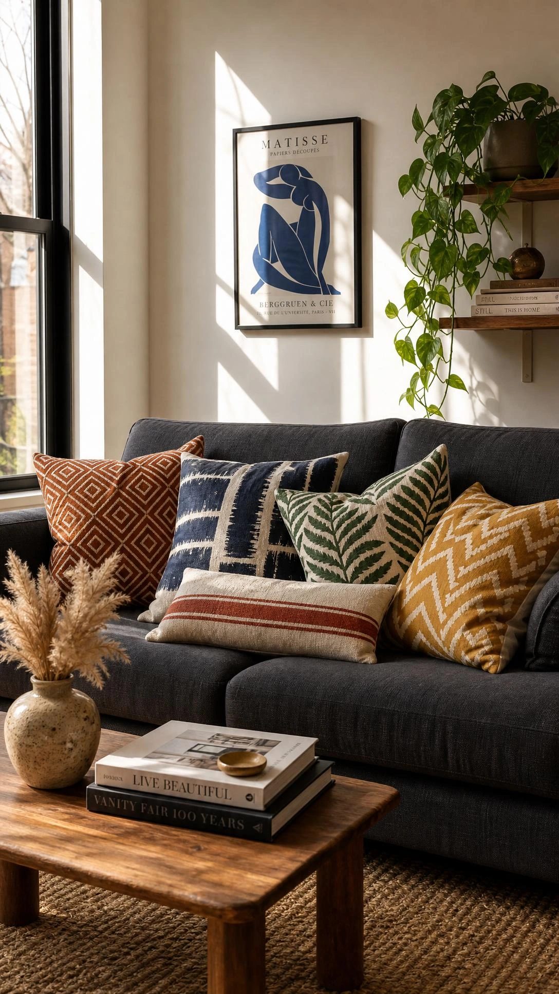 Charcoal linen sofa styled with graphic throw pillows in bold burnt sienna geometric diamonds and deep navy blue patterns for a cozy living room corner