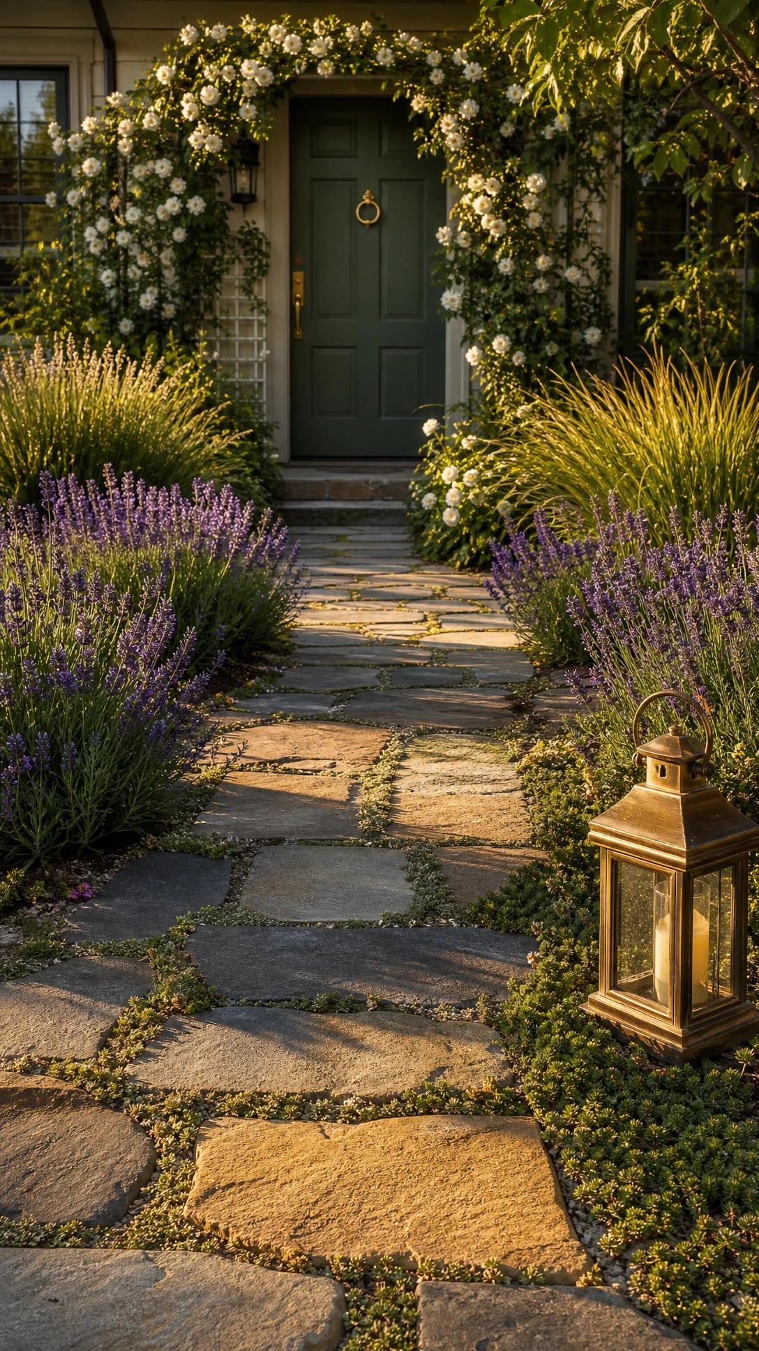 Charcoal and buff flagstone walkway with creeping thyme joints leading to a front door, showing how a paving stone path transforms curb appeal