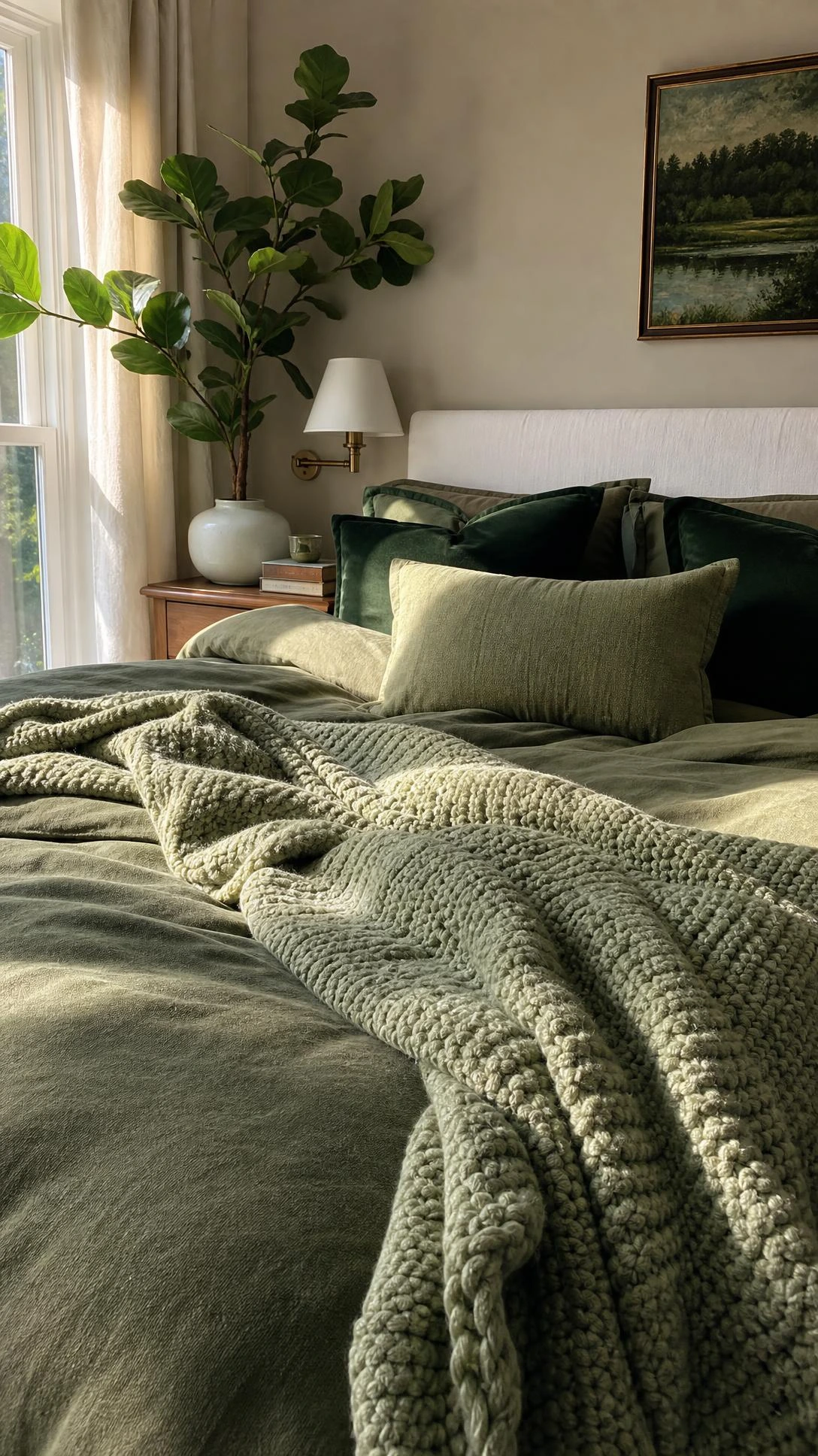 Layered sage and forest green bedding with a chunky knit throw blanket draped over a bed corner, showing how green aesthetic bedding transforms a small budget bedroom
