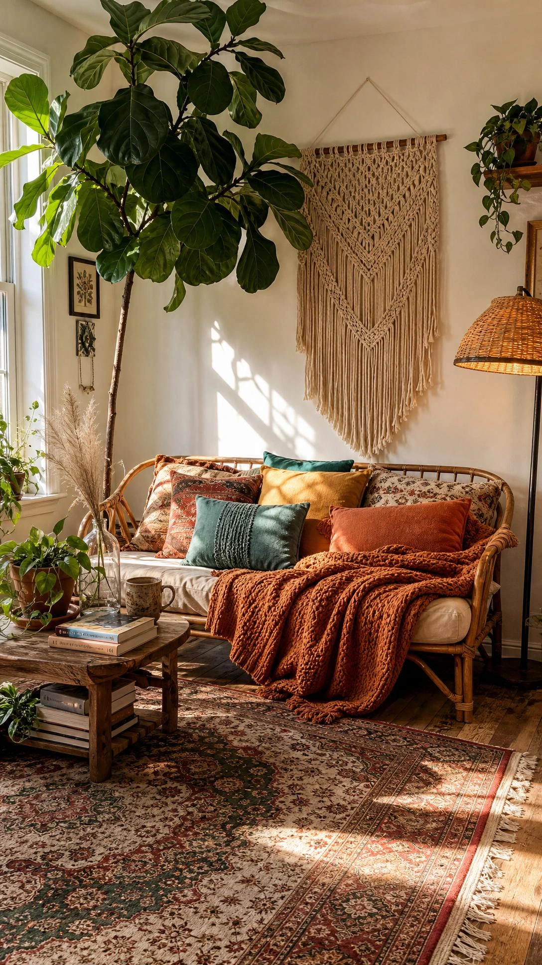 Sun-drenched boho living room corner with rattan sofa, chunky rust-orange knit throw, and mismatched cushions in mustard, teal, and warm tones creating a deeply personal green boho living room