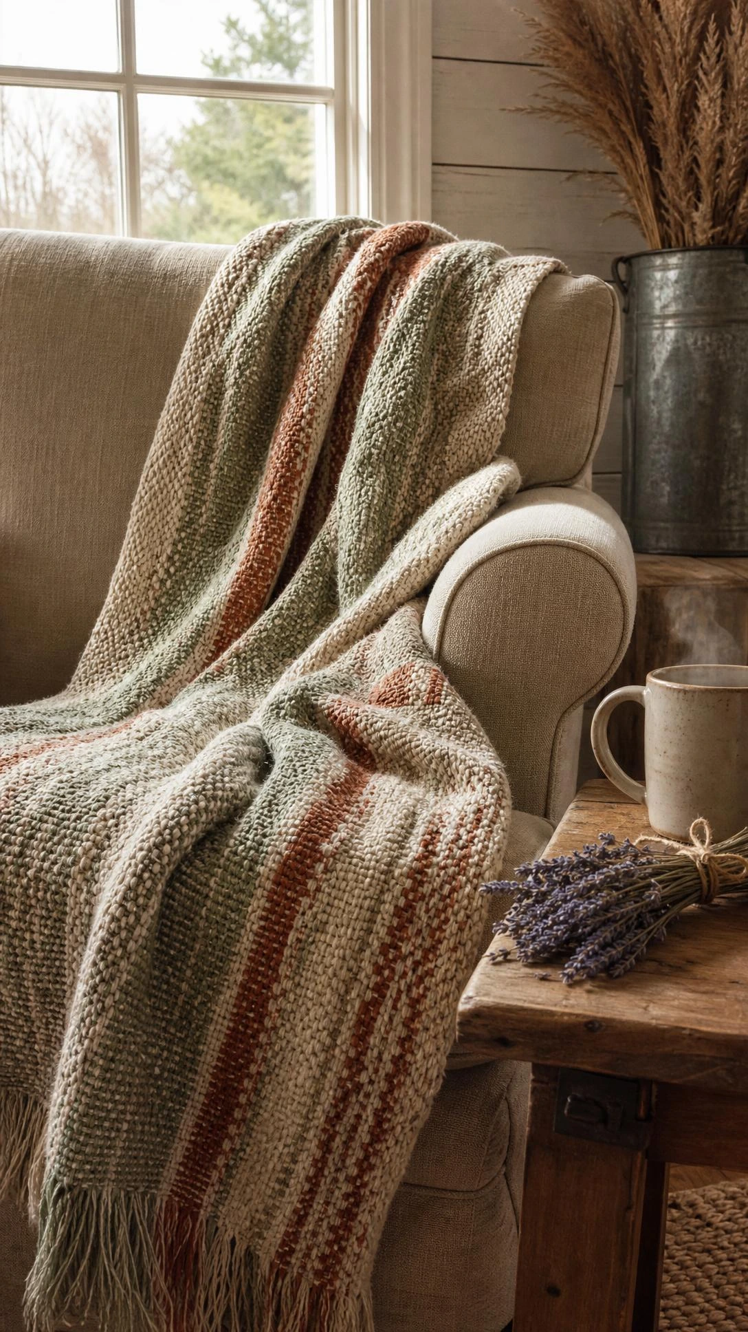 Chunky handwoven throw blanket in cream, sage, and rust draped over a linen armchair in a farmhouse living room corner — the kind of cozy texture that makes a space feel lived-in and warm