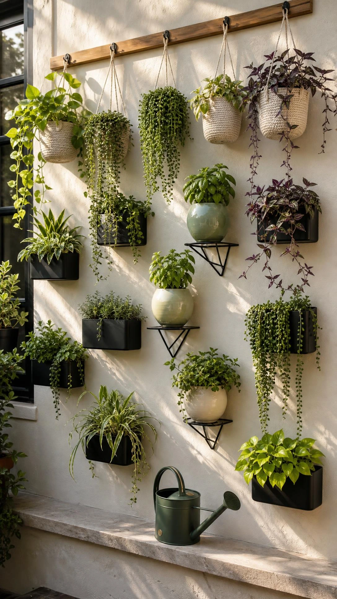 Warm white exterior wall of a small urban home covered in matte black wall-mounted pocket planters and hanging containers creating a lush vertical garden