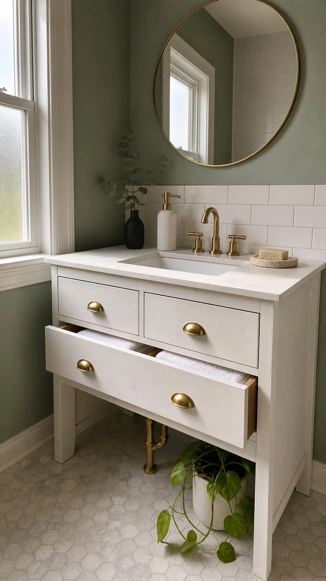 IKEA HEMNES dresser converted into a bathroom vanity with undermount ceramic sink and brushed brass faucet, proving IKEA hacks can look custom-built