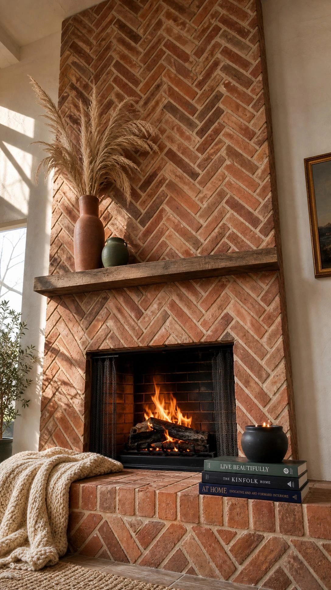 Herringbone brick fireplace surround with red and terracotta bricks arranged in diagonal zigzag rows, photographed from low angle to emphasize dramatic architectural height