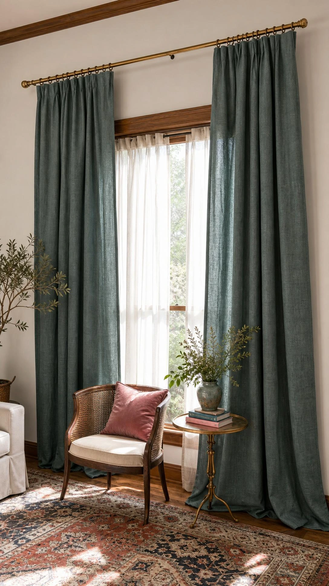 High and wide curtains in dusty teal hang from a ceiling-mounted brass rod, making a cozy window corner feel taller and luxe