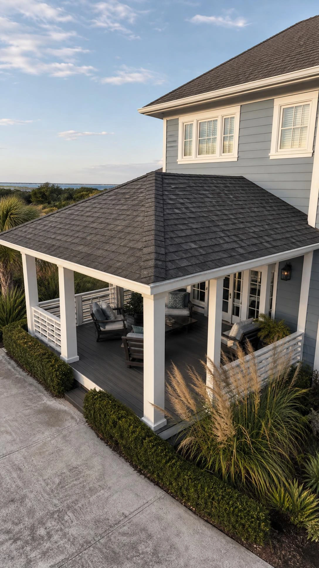 Hip roof porch with charcoal-gray architectural shingles on a coastal home, showing all four sloping sides built to handle high-wind exposure in open neighborhoods