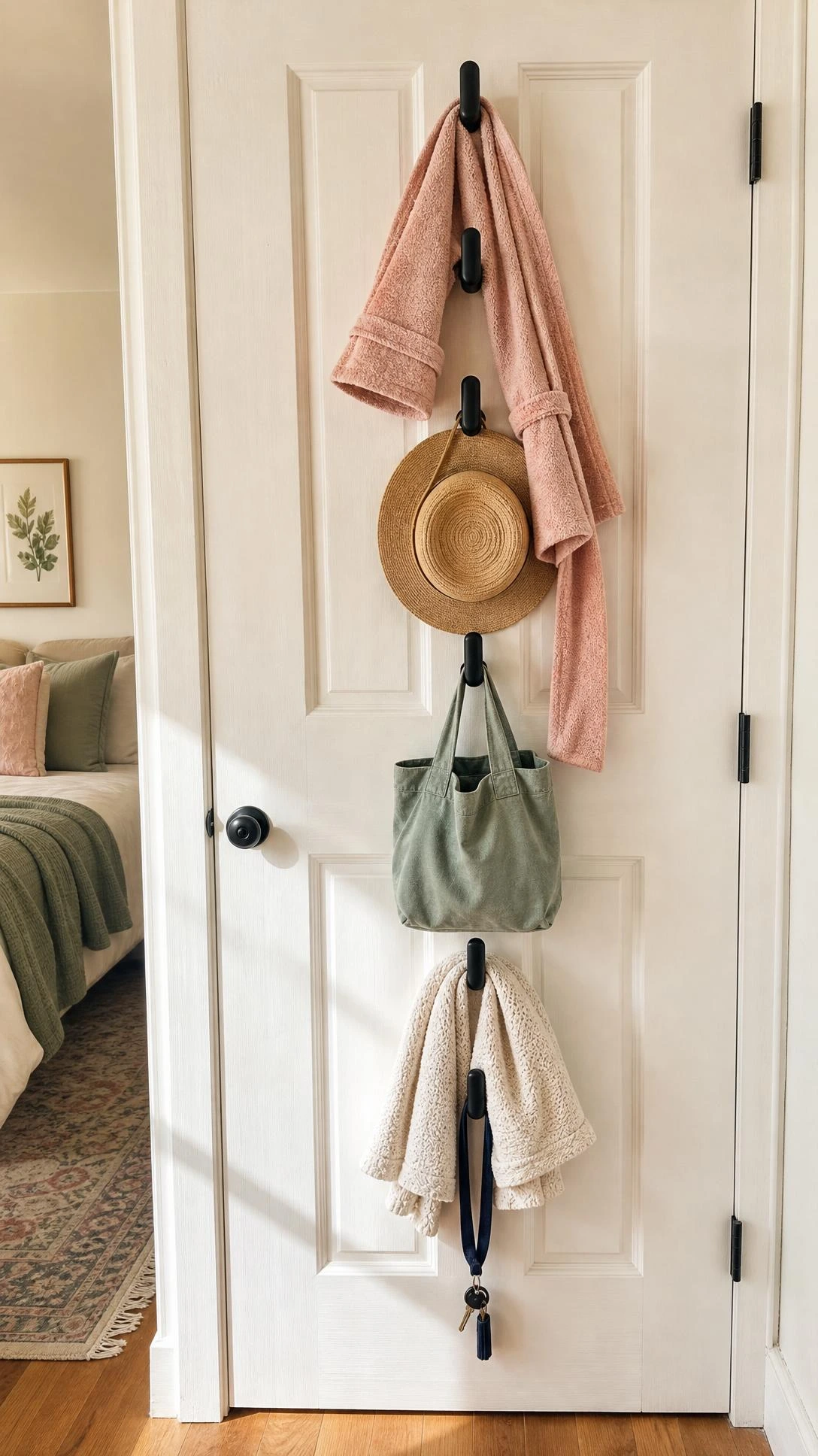 Five matte black hooks mounted vertically on a white bedroom door holding a blush robe, rattan hat, and accessories — a simple behind-the-door organization idea that reclaims hidden wall space