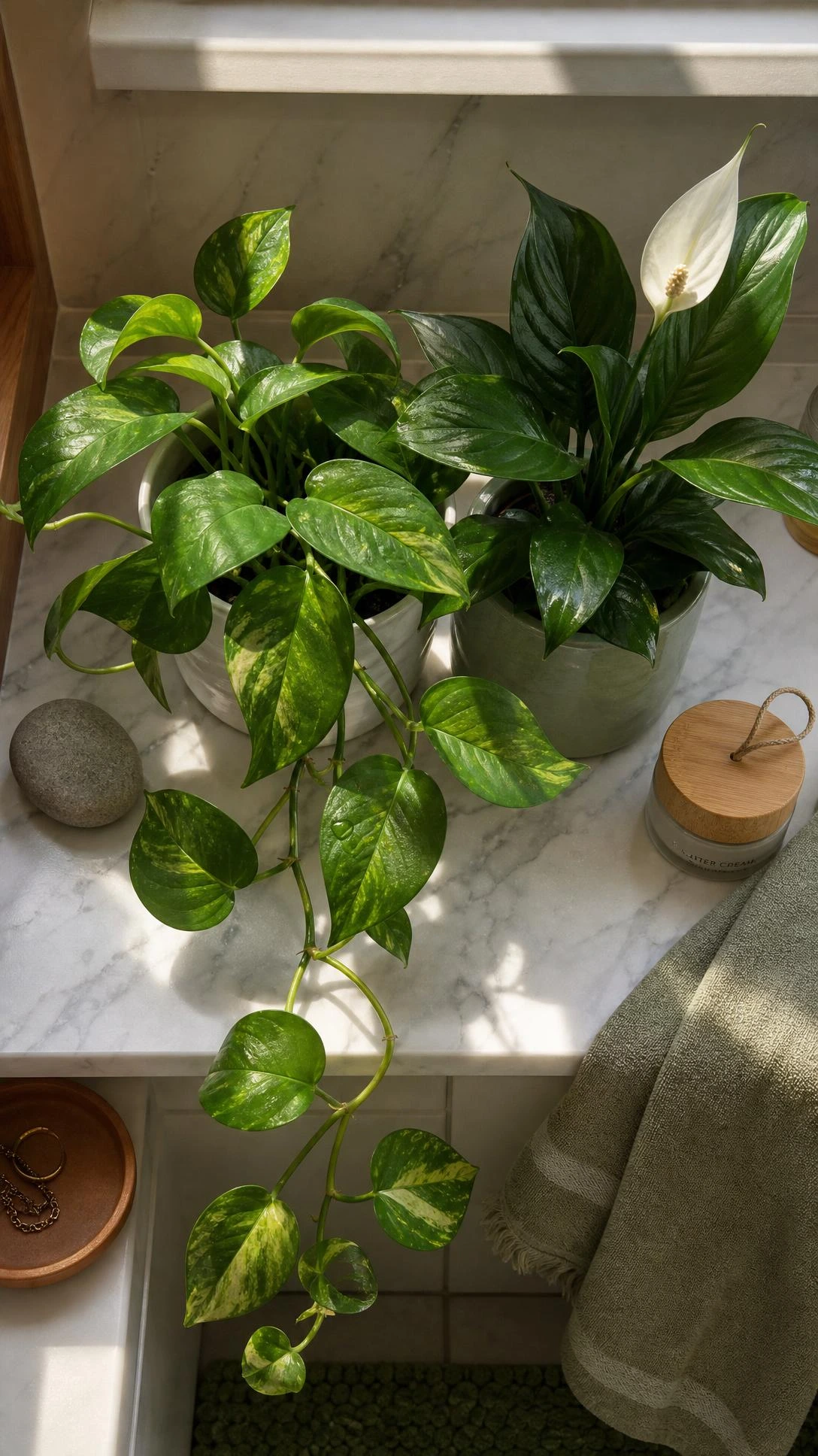 Trailing pothos plant in a matte white ceramic pot on a narrow bathroom shelf, its emerald and chartreuse heart-shaped leaves cascading in warm natural daylight