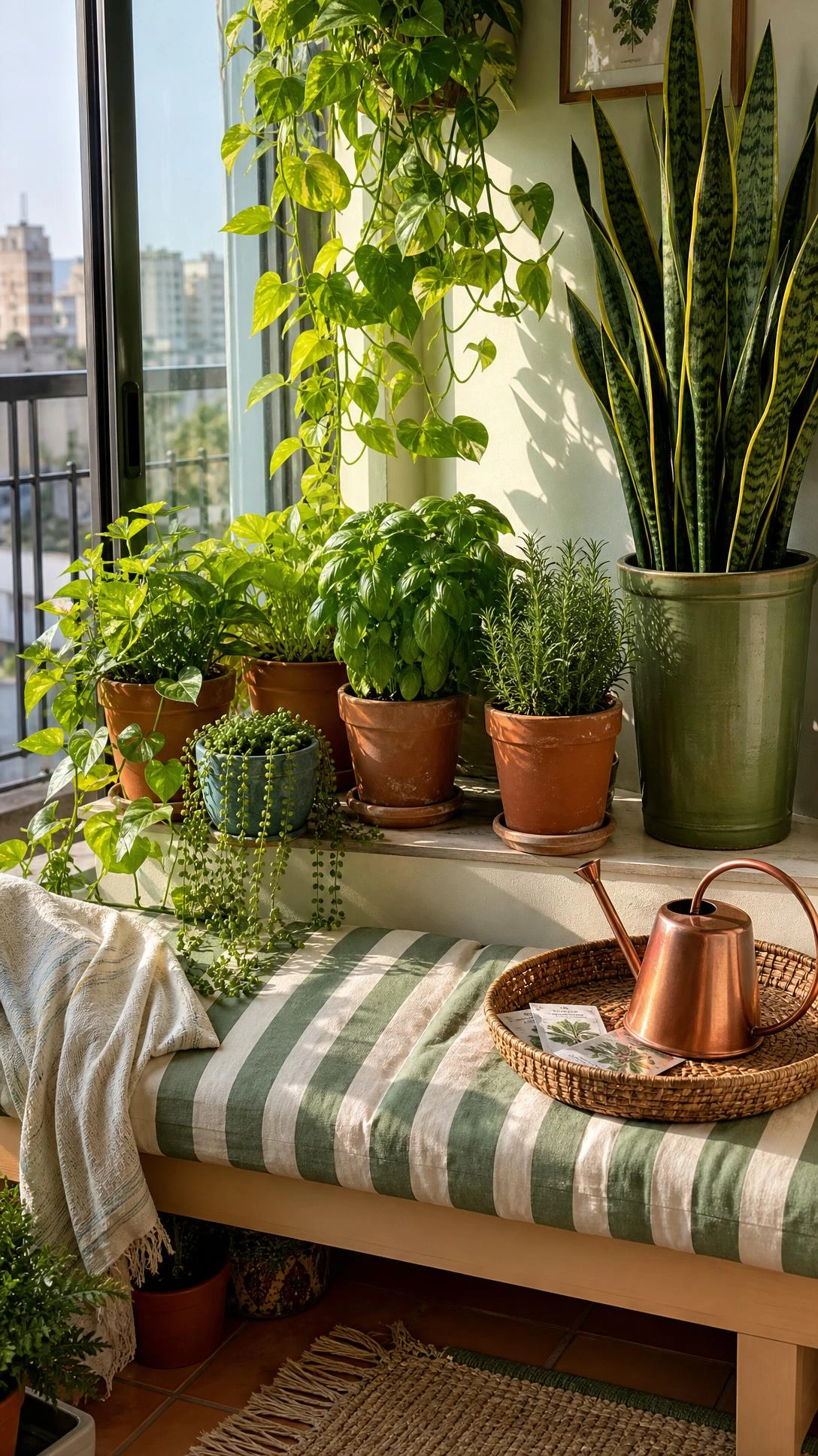 Sage green linen windowseat styled with a lush indoor container garden, turning a sun-drenched apartment balcony into a cozy plant-filled retreat