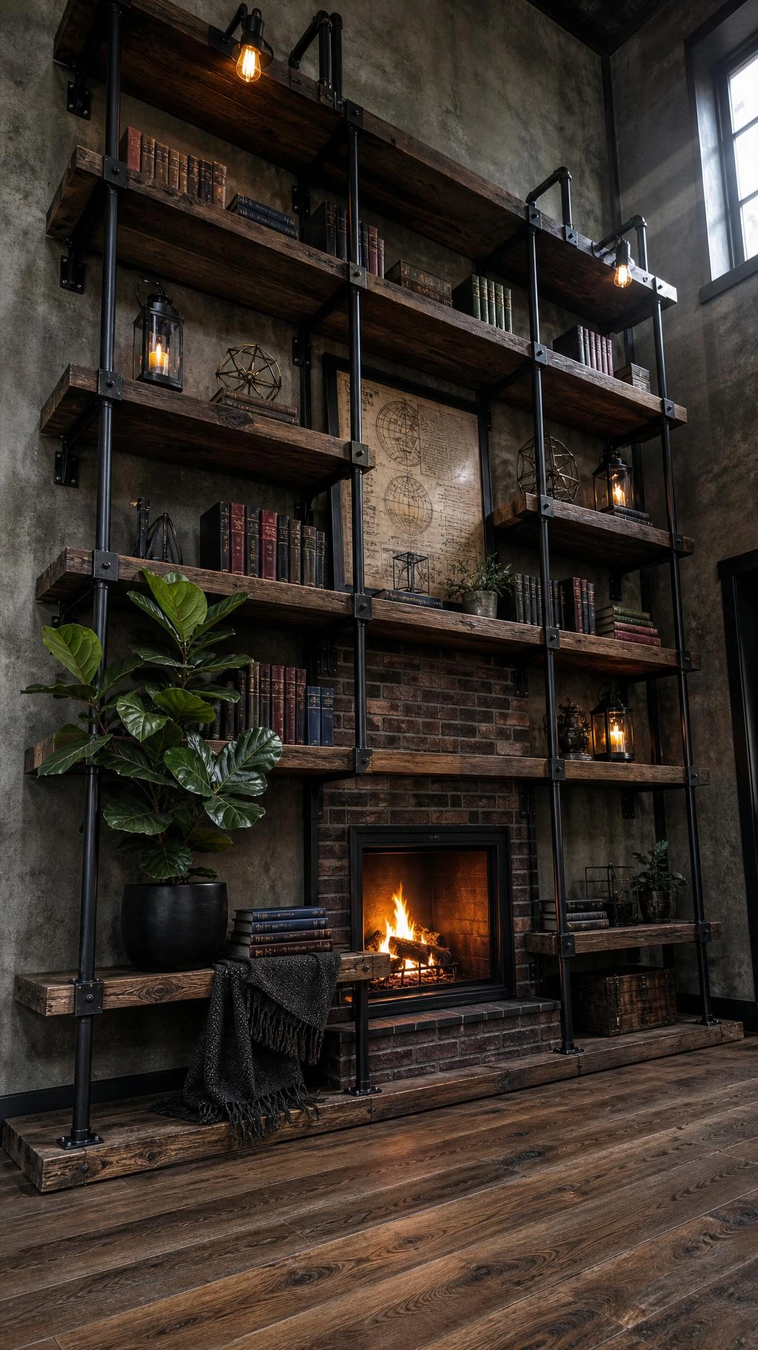Floor-to-ceiling industrial built-in shelves flanking a fireplace, featuring dark reclaimed wood planks with visible grain held by matte black steel pipe brackets