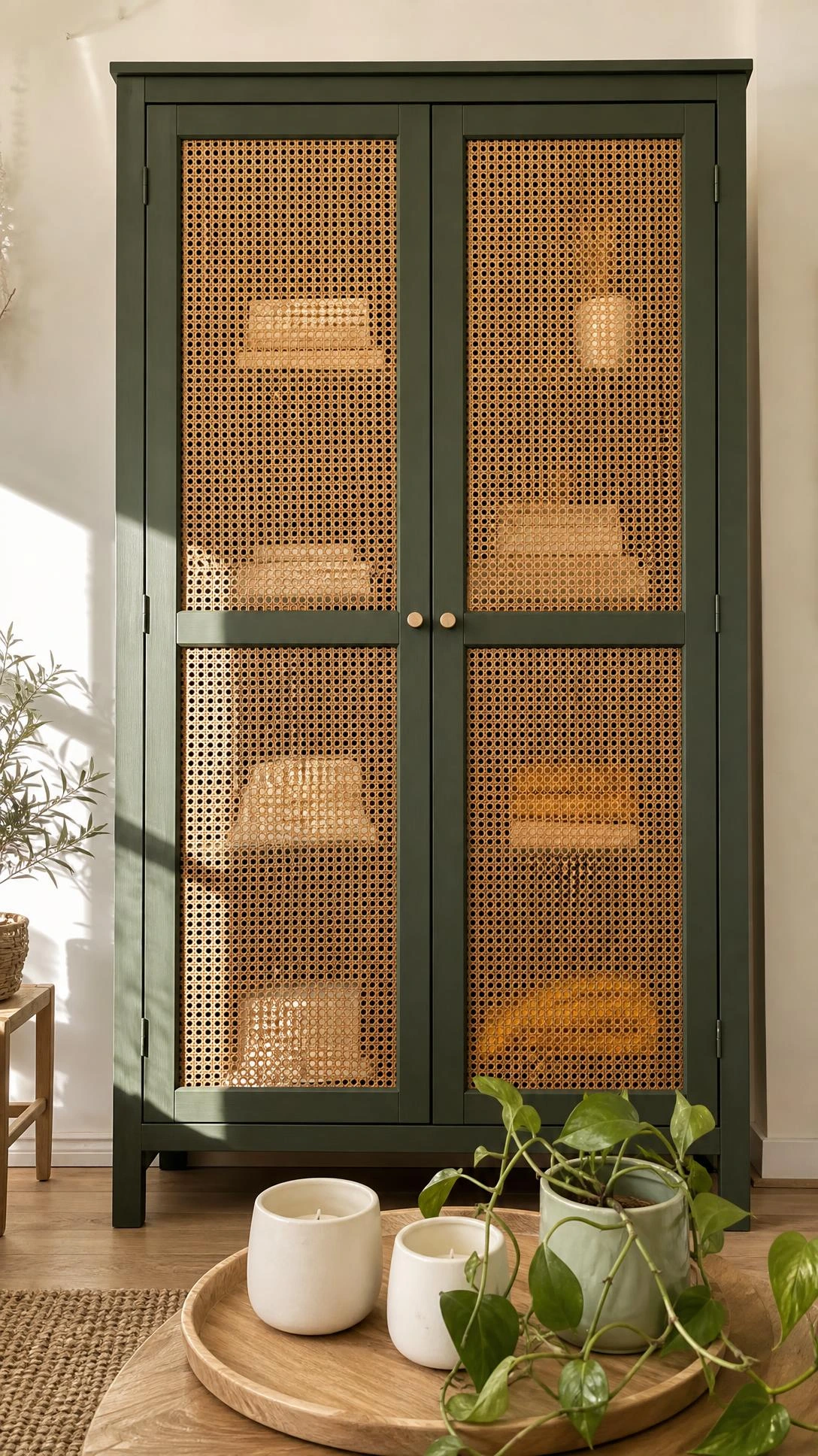 IVAR pine cabinet transformed with cane webbing door inserts, warm honey-gold woven panels glowing in afternoon light — an IKEA hack that looks like a boutique furniture find