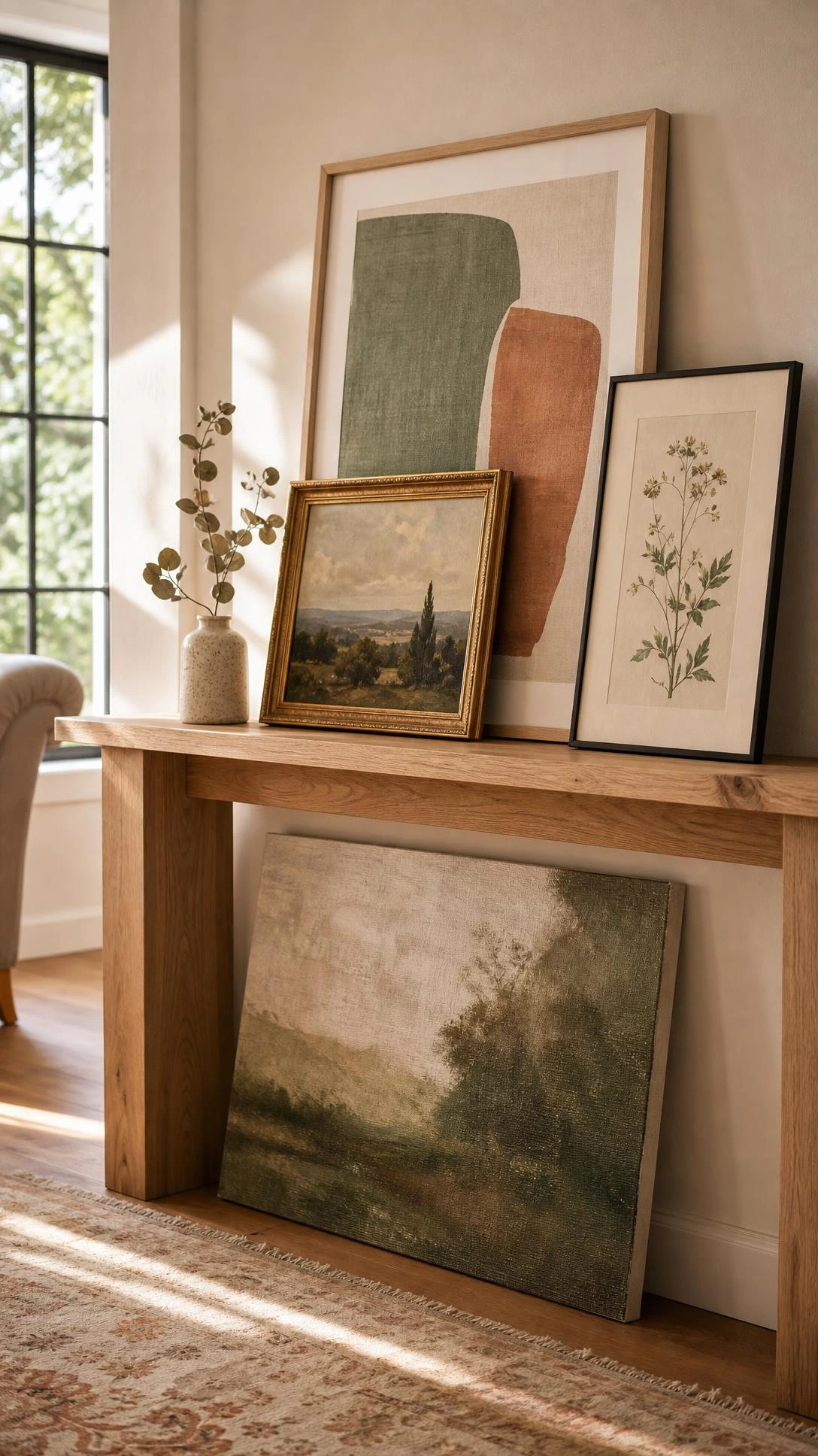 Light oak console table with framed artworks leaning casually against a white wall, showing how grounded art display breaks traditional interior design rules