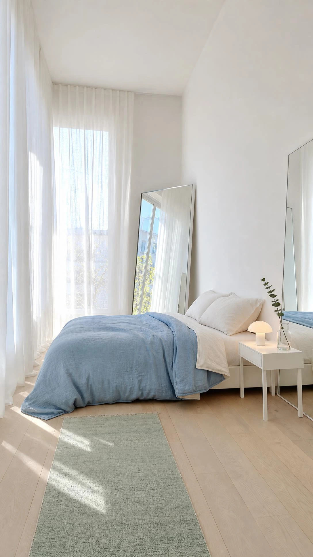Small bedroom painted soft chalky white with floor-to-ceiling sheer linen curtains maximizing natural light to create an airy, visually expanded space