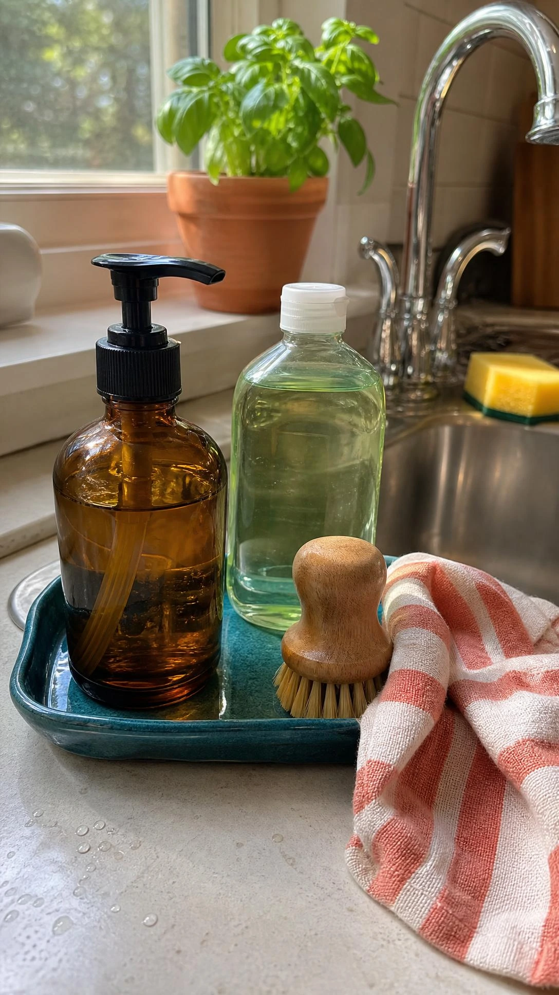Glossy teal kitchen sink tray beside a stainless-steel sink, holding soap bottles and a wooden scrub brush for a fresh budget update