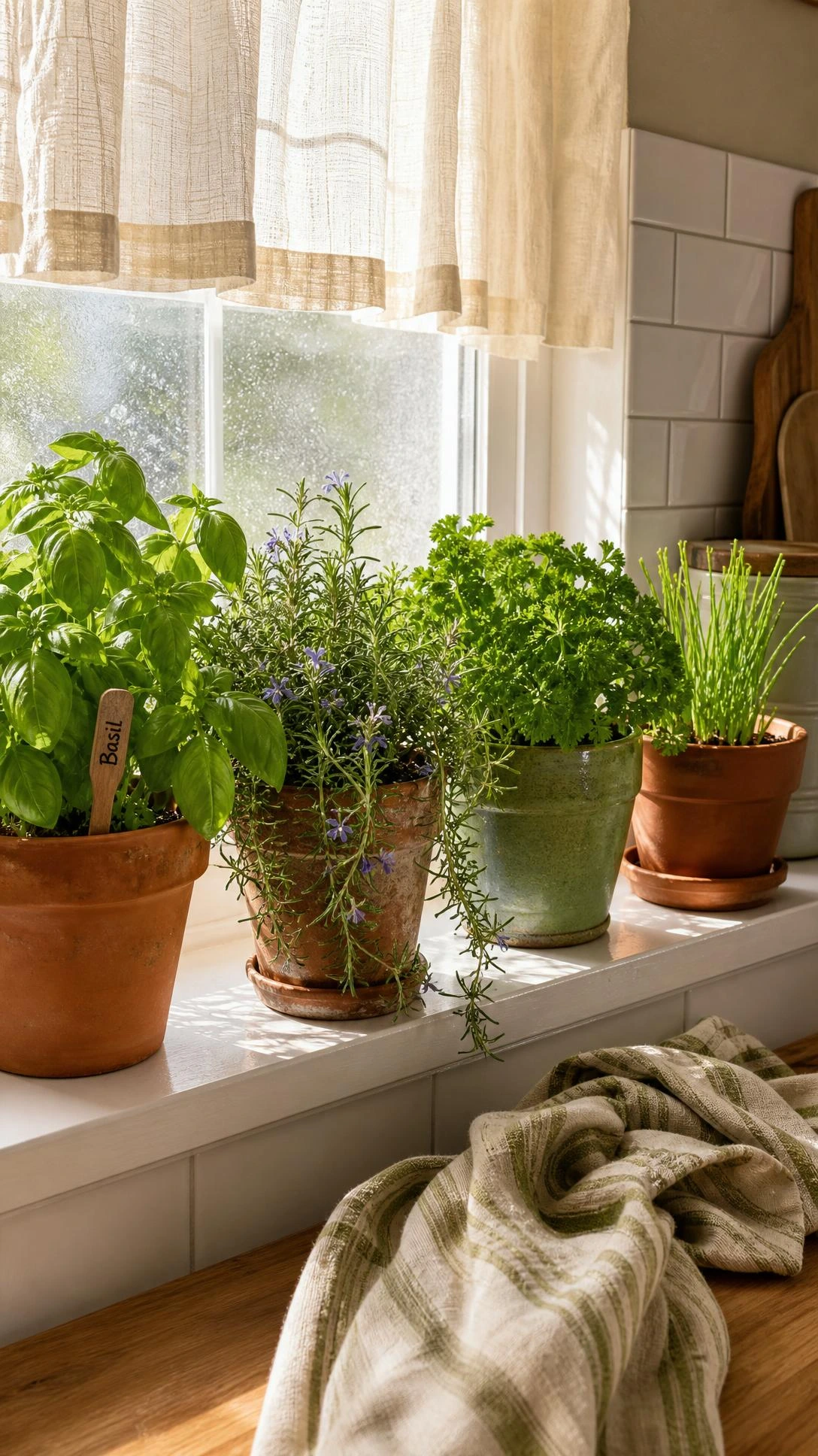 Sunlit kitchen windowsill herb garden with terracotta pots of basil, rosemary, and parsley — a simple indoor garden idea for everyday cooking