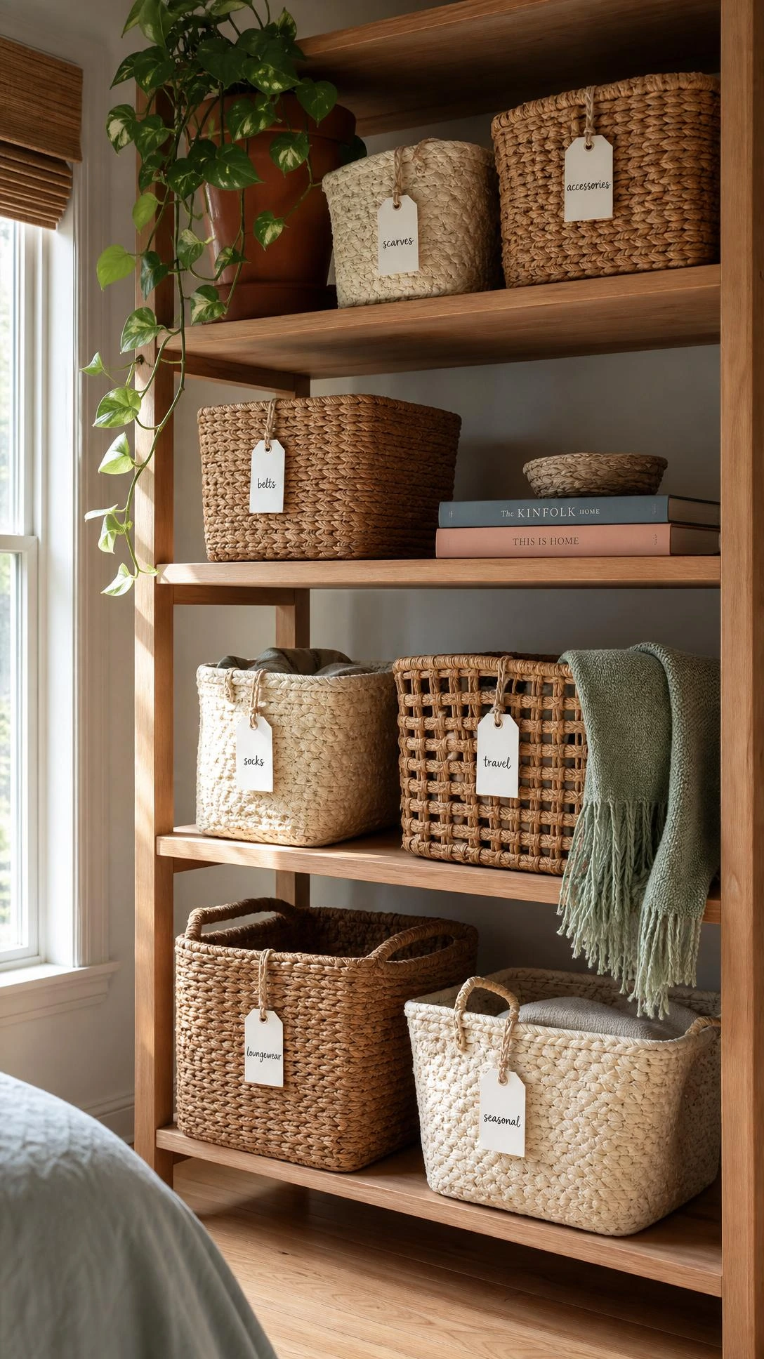 Tall wooden open shelving unit with labeled woven rattan and seagrass baskets in honey and cream tones, a bedroom organization system that maximizes vertical storage space