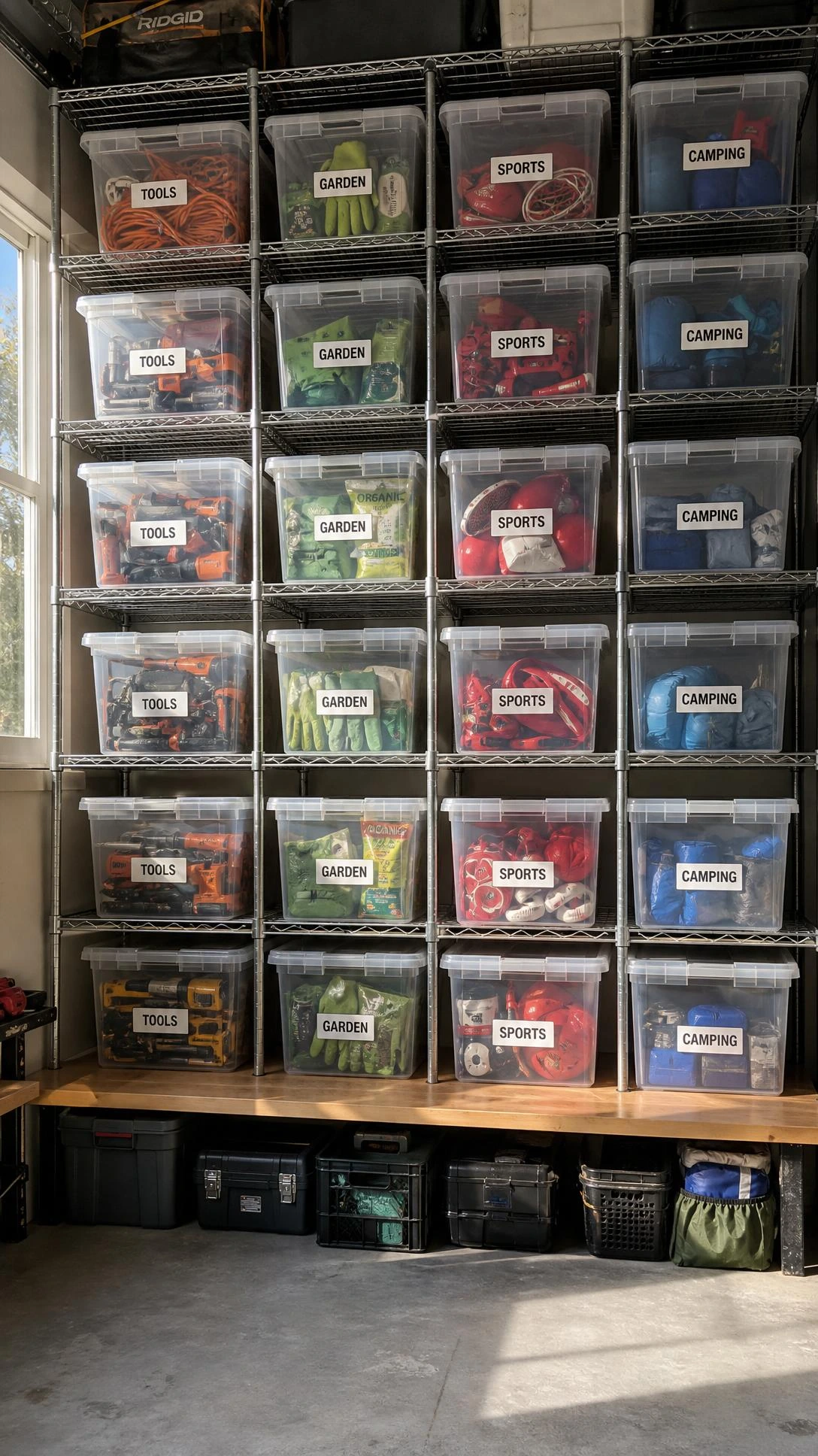 Floor-to-ceiling wire shelving unit in an organized garage filled with labeled clear bins sorted by category, showing a weekend DIY storage system anyone can build