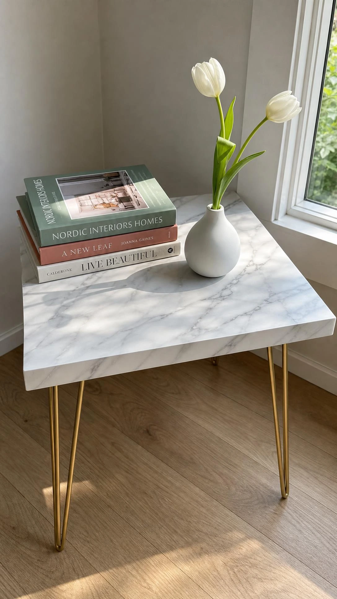 Transformed IKEA LACK table with white marble contact paper and gray veining, shot from above on light oak floor near natural window light