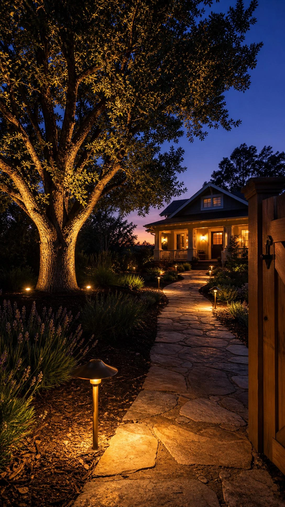 Warm amber landscape lighting fixtures lining a winding stone path toward a craftsman porch at twilight, showing the curb appeal impact of strategic outdoor lighting