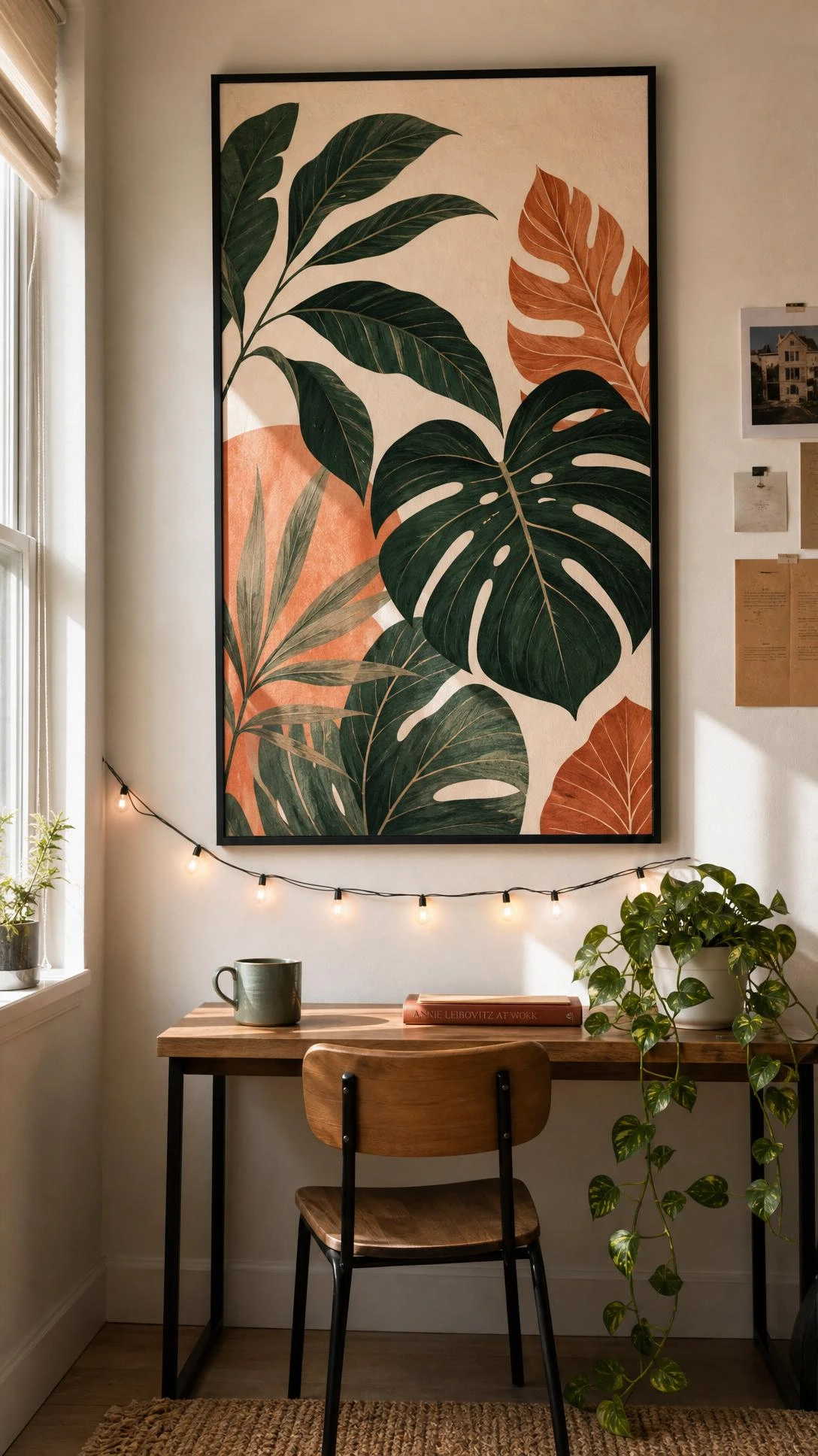 Large botanical art print in slim black frame centered on white dorm room wall, showing oversized tropical leaves in forest green and terracotta tones