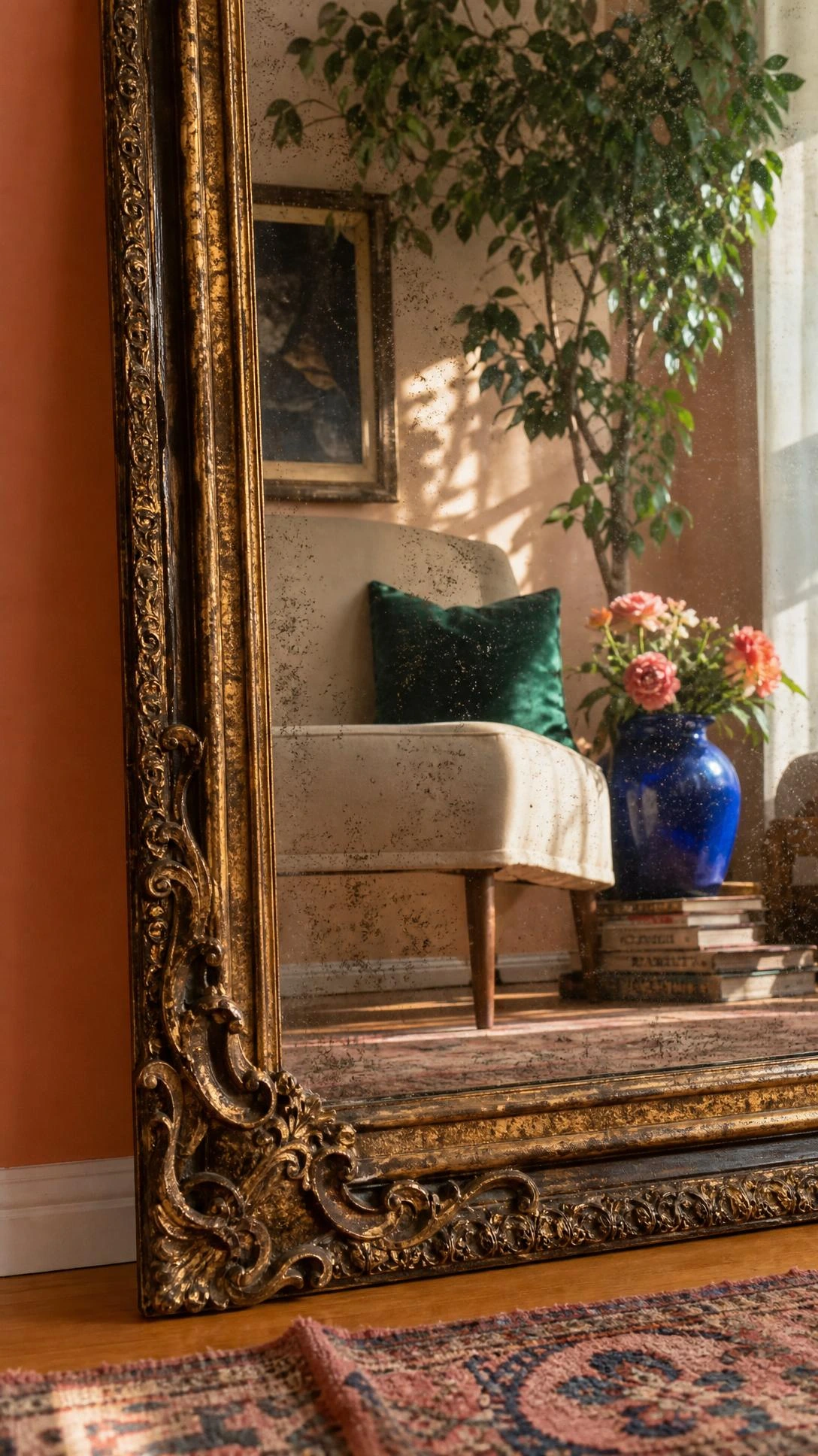 Oversized thrifted mirror with tarnished brass carved frame leans on a colorful wall, making a small room feel luxe.