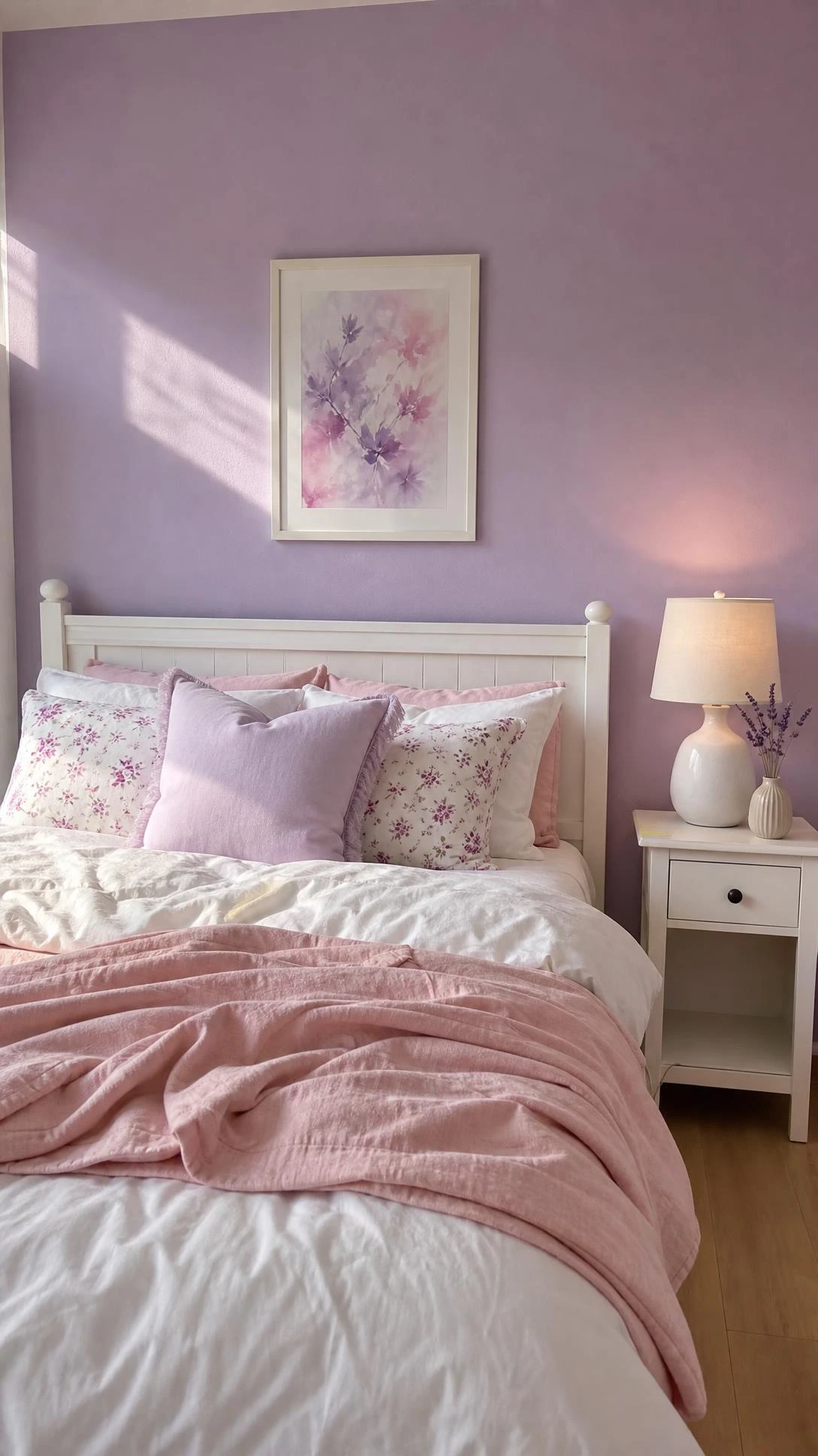 Soft lavender accent wall painted floor-to-ceiling behind a white bed frame in a small girl's bedroom, proving a single paint color transforms a room affordably