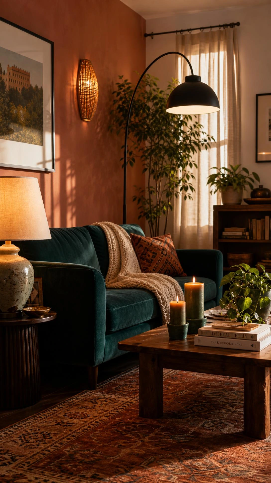 Layered lighting in a lived-in living room featuring a ceramic table lamp beside a teal velvet sofa and a tall arc floor lamp creating warm amber ambiance