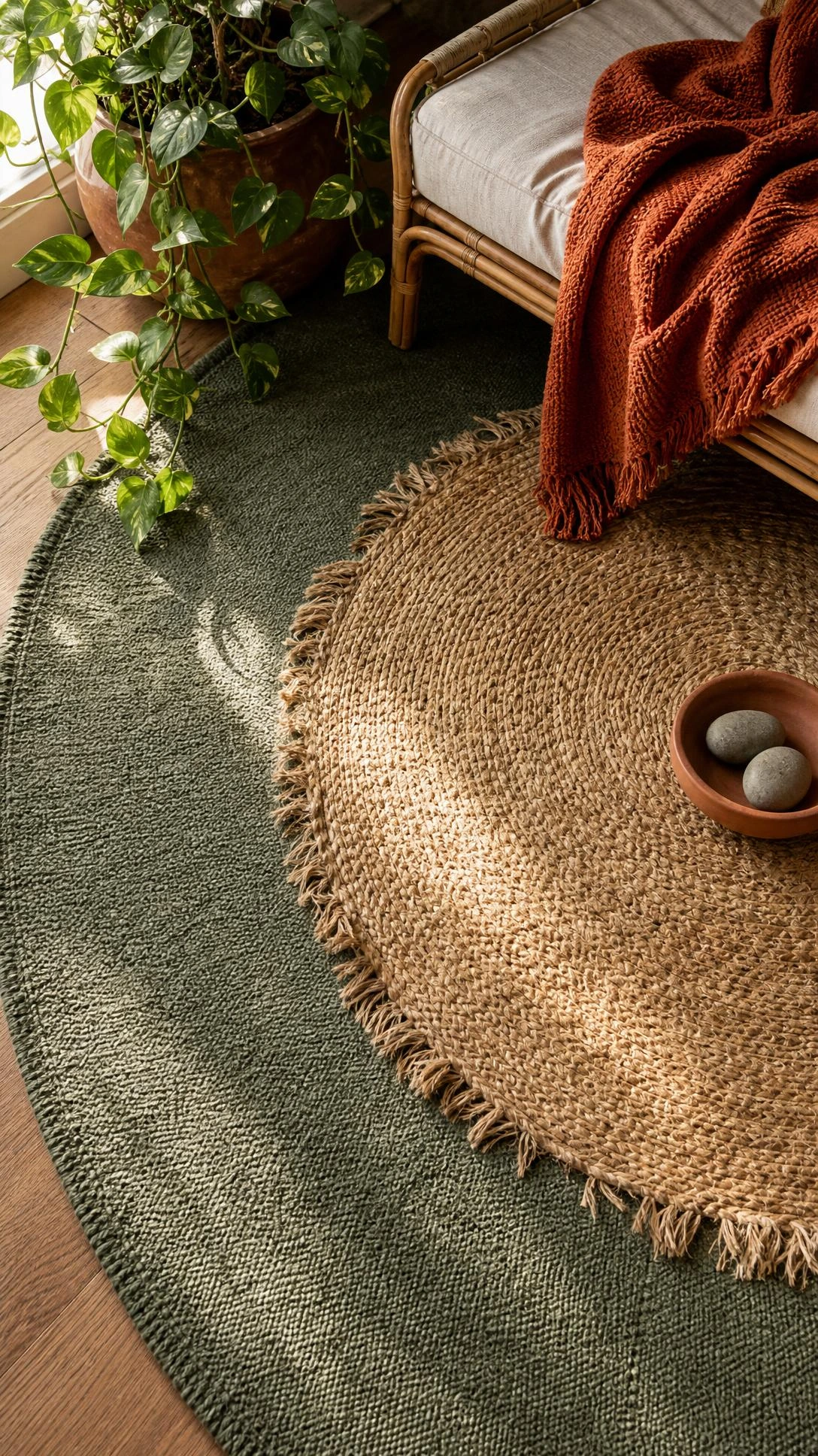Layered sage green area rug topped with a smaller round jute rug in a cozy boho living room corner, showing how rug layering adds earthy texture