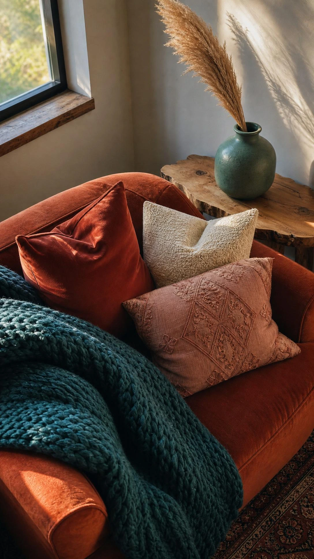 Cozy luxury living room corner layering three textures — chunky teal wool throw, terracotta velvet sofa, and warm window light creating depth through eclectic interior design