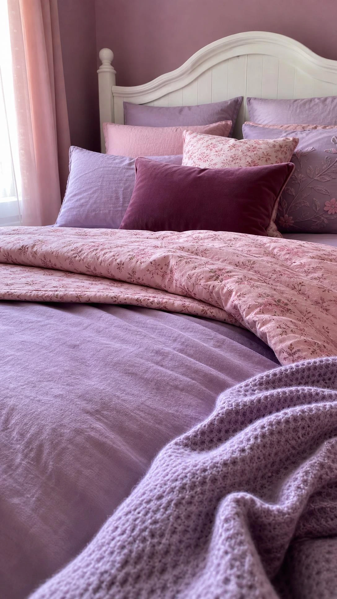 Layered pink and purple bedding on a girls bedroom bed, showing a lilac duvet and blush pink quilt folded back in a budget-friendly styling approach