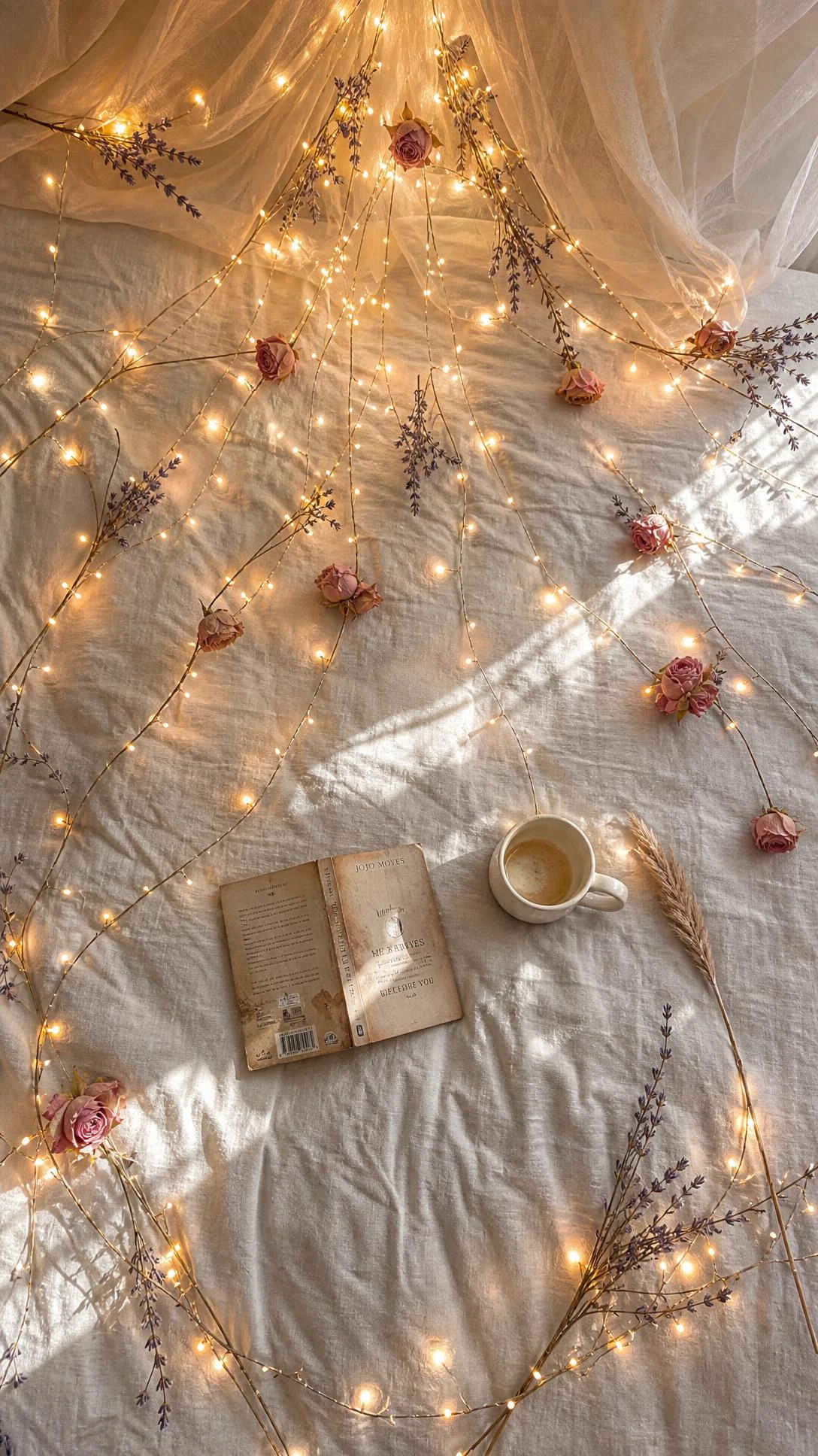 Warm white fairy light canopy draped in soft loops over cream linen duvet with blush dried roses — a budget bedroom glow-up under $99