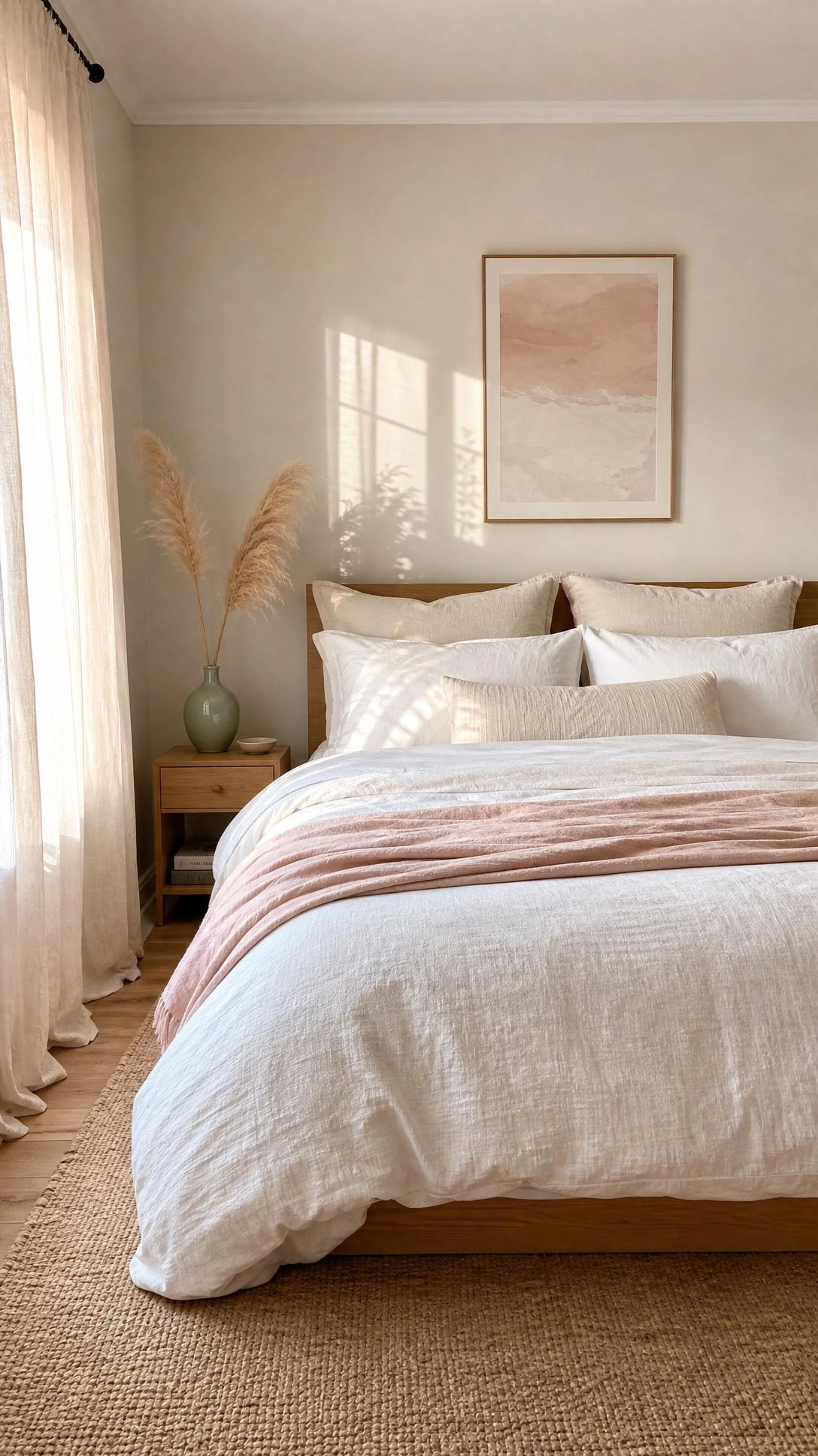 Bedroom with white cotton duvet, ivory euro shams, and blush linen throw styled to make the space feel open and airy