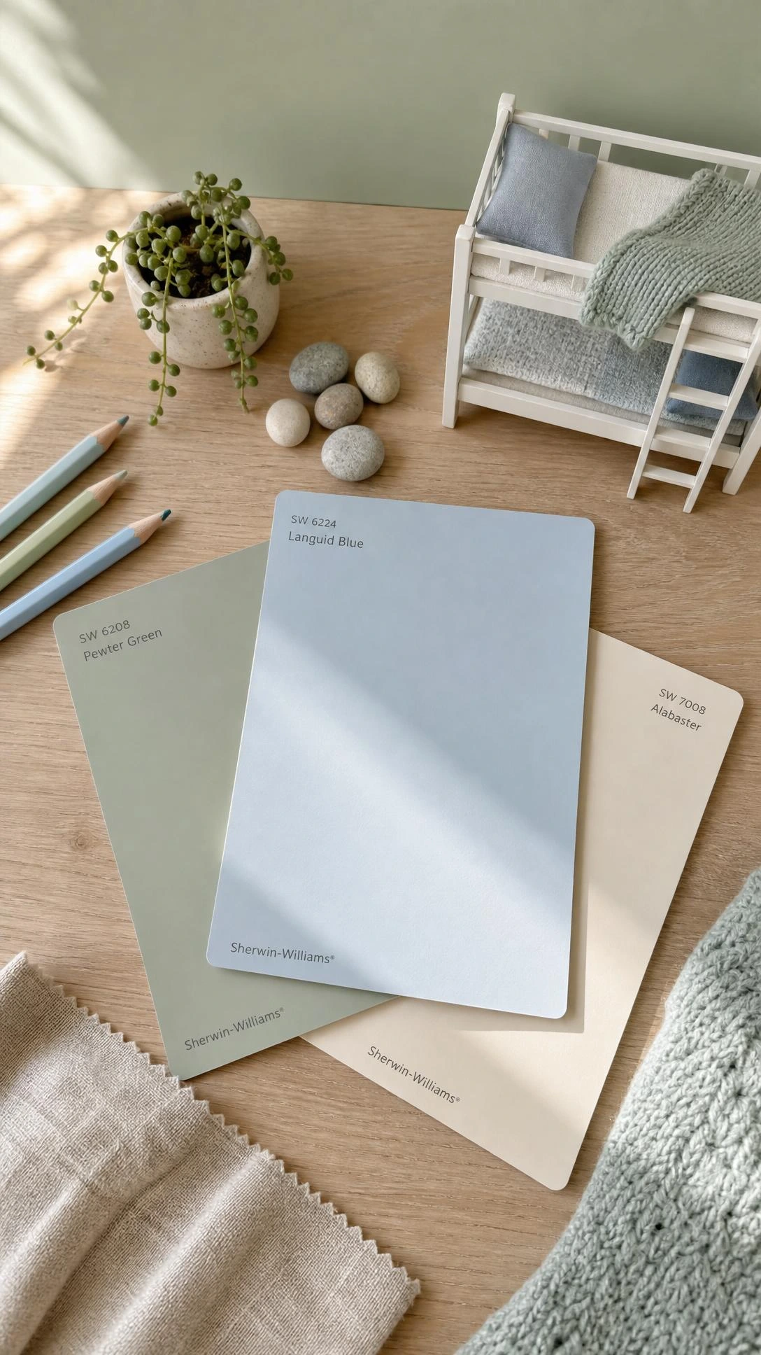 Sage green, pale blue, and creamy white paint swatches fanned across light oak with miniature bunk bed props — light wall colors that visually expand a small kids' bedroom