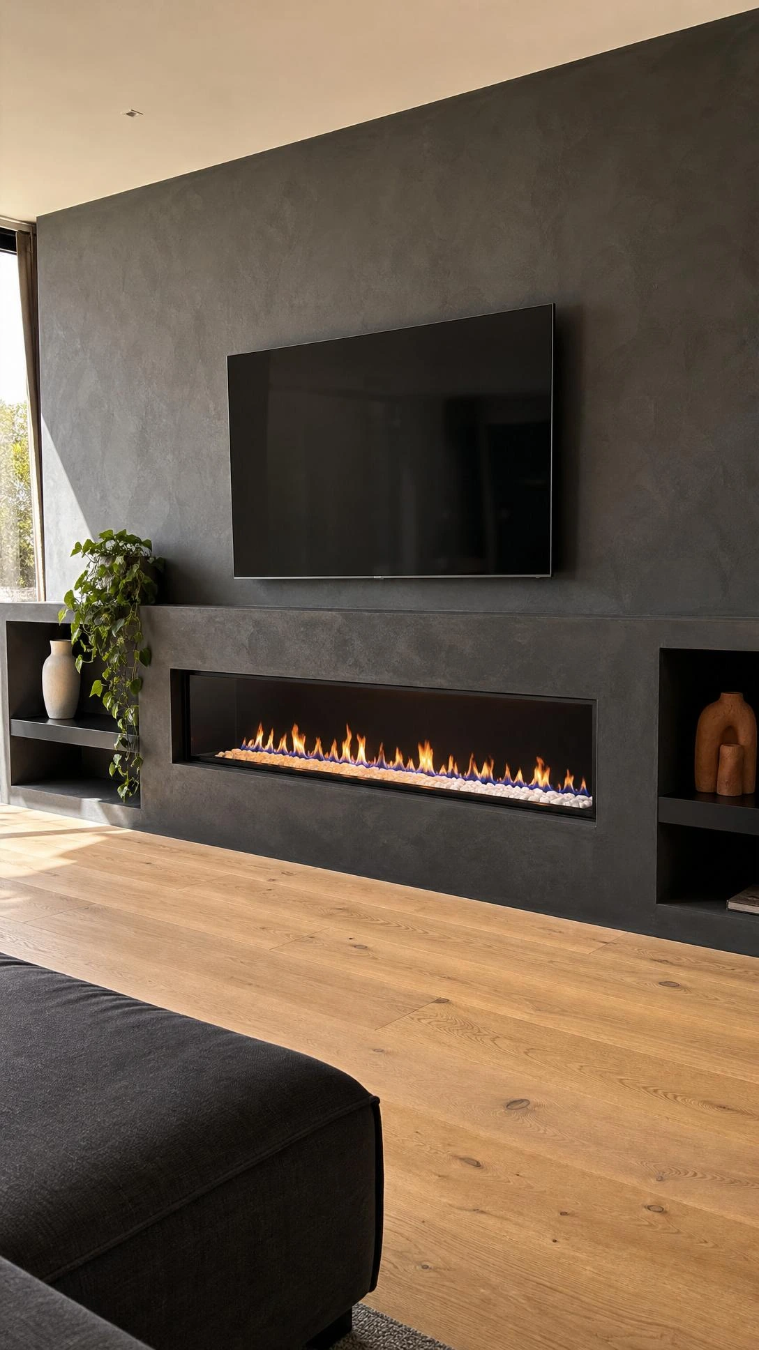Sleek linear fireplace with blue-tipped flames and white stones built flush into a low modern media wall, anchoring an expensive-looking living room
