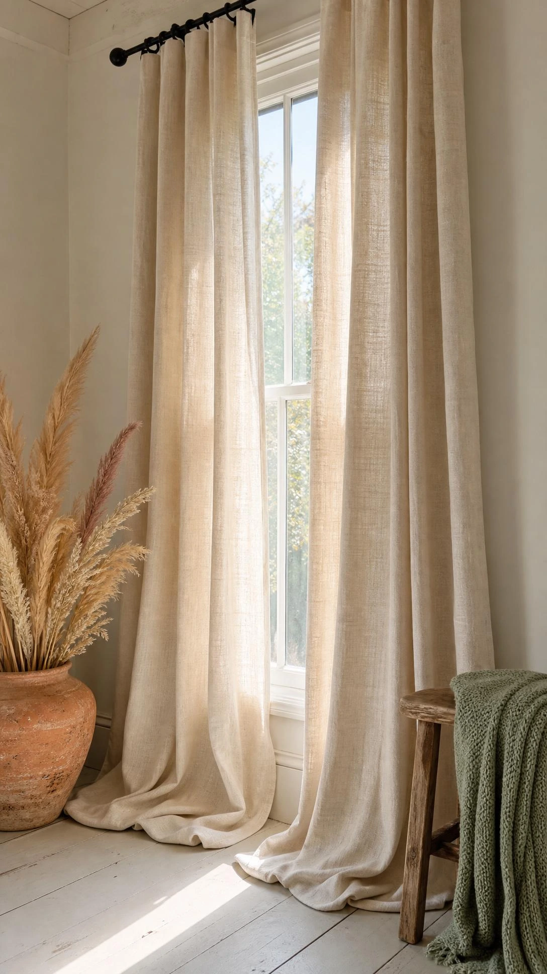 Floor-length oatmeal linen curtains pooling softly on whitewashed wood floors, hung from a black iron rod near the ceiling in a light-filled farmhouse living room