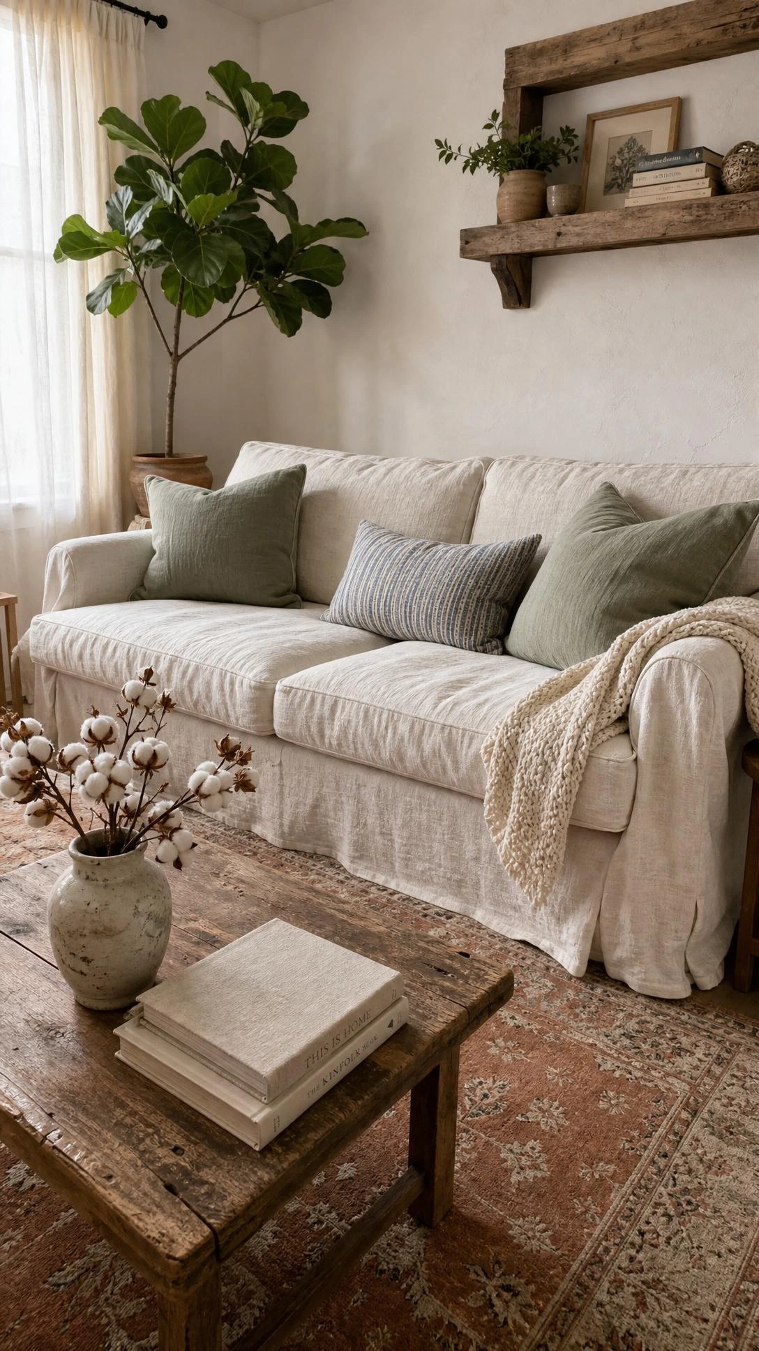 Cozy farmhouse living room centered on a loose natural linen slipcover sofa in warm off-white, with soft fabric folds at the armrests bathed in natural daylight