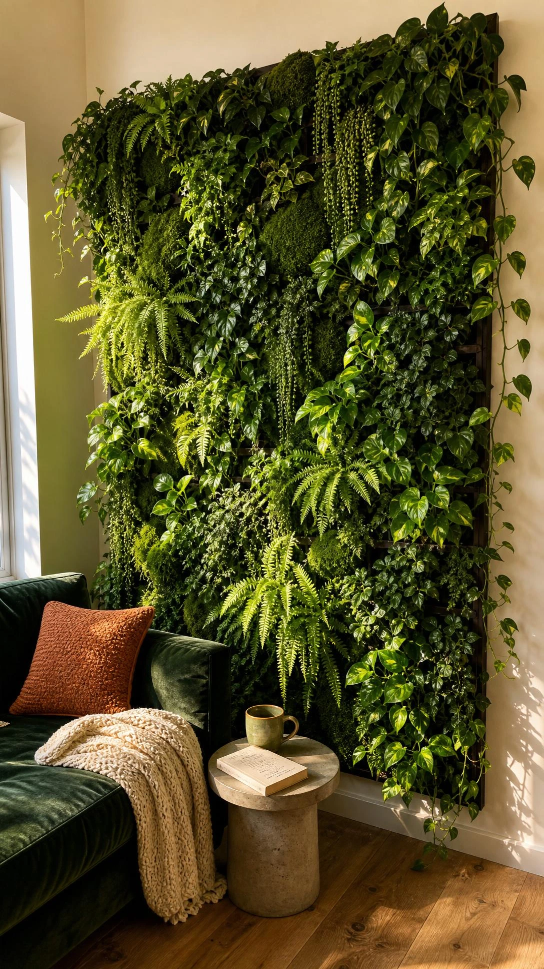Floor-to-ceiling living wall panel in a living room featuring dense cascading pothos in emerald and chartreuse tones against a warm white accent wall
